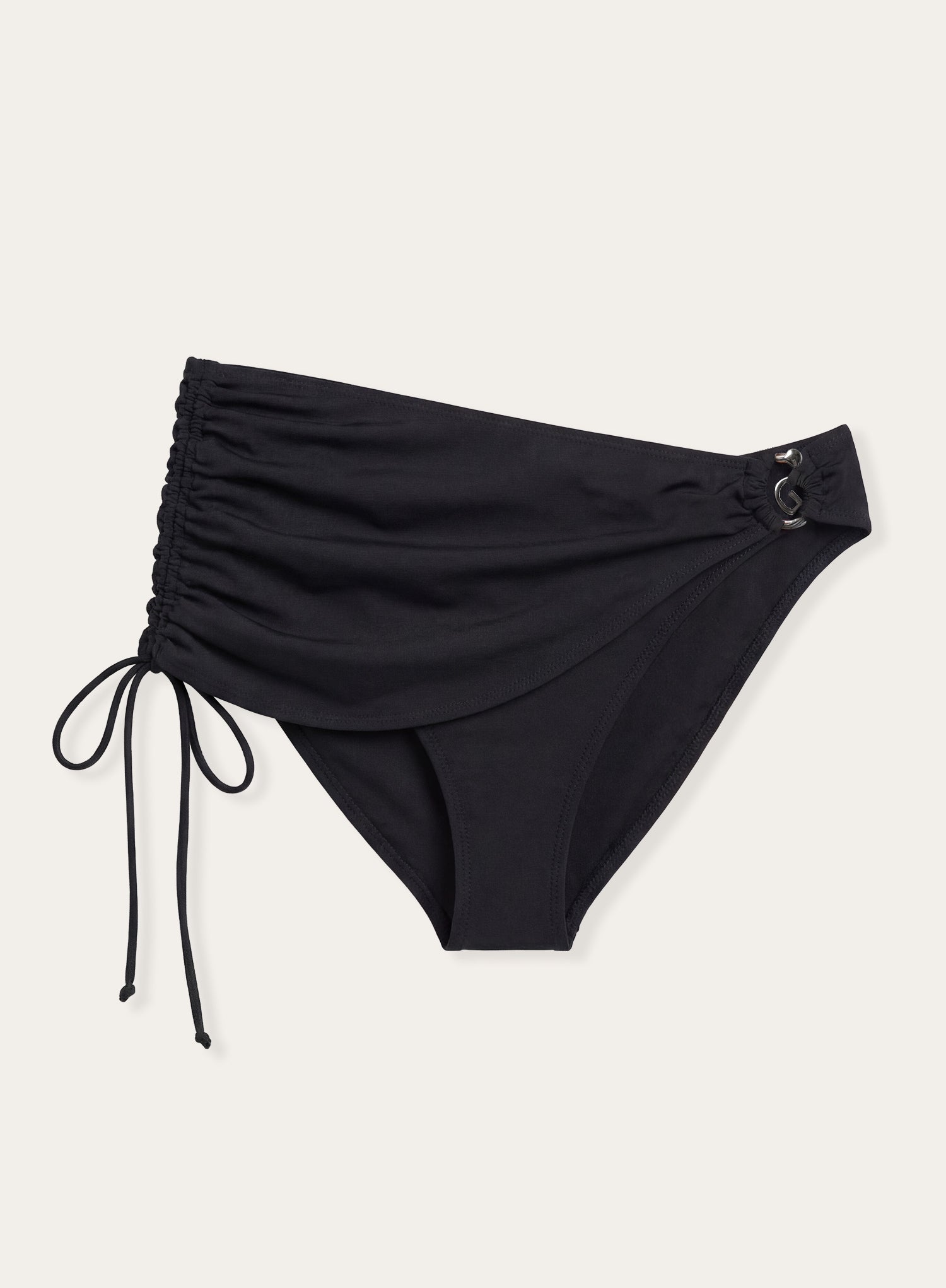 Black Spiral Hardware Ruched Side Skirt Bikini Bottom