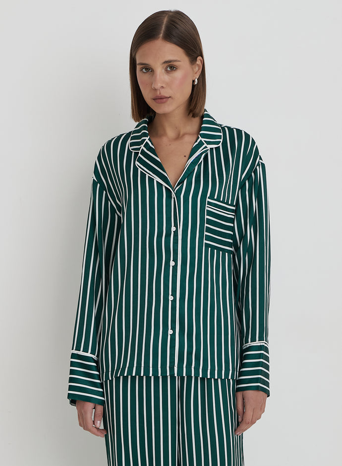 Green Striped Satin Pyjama Shirt- Noelle