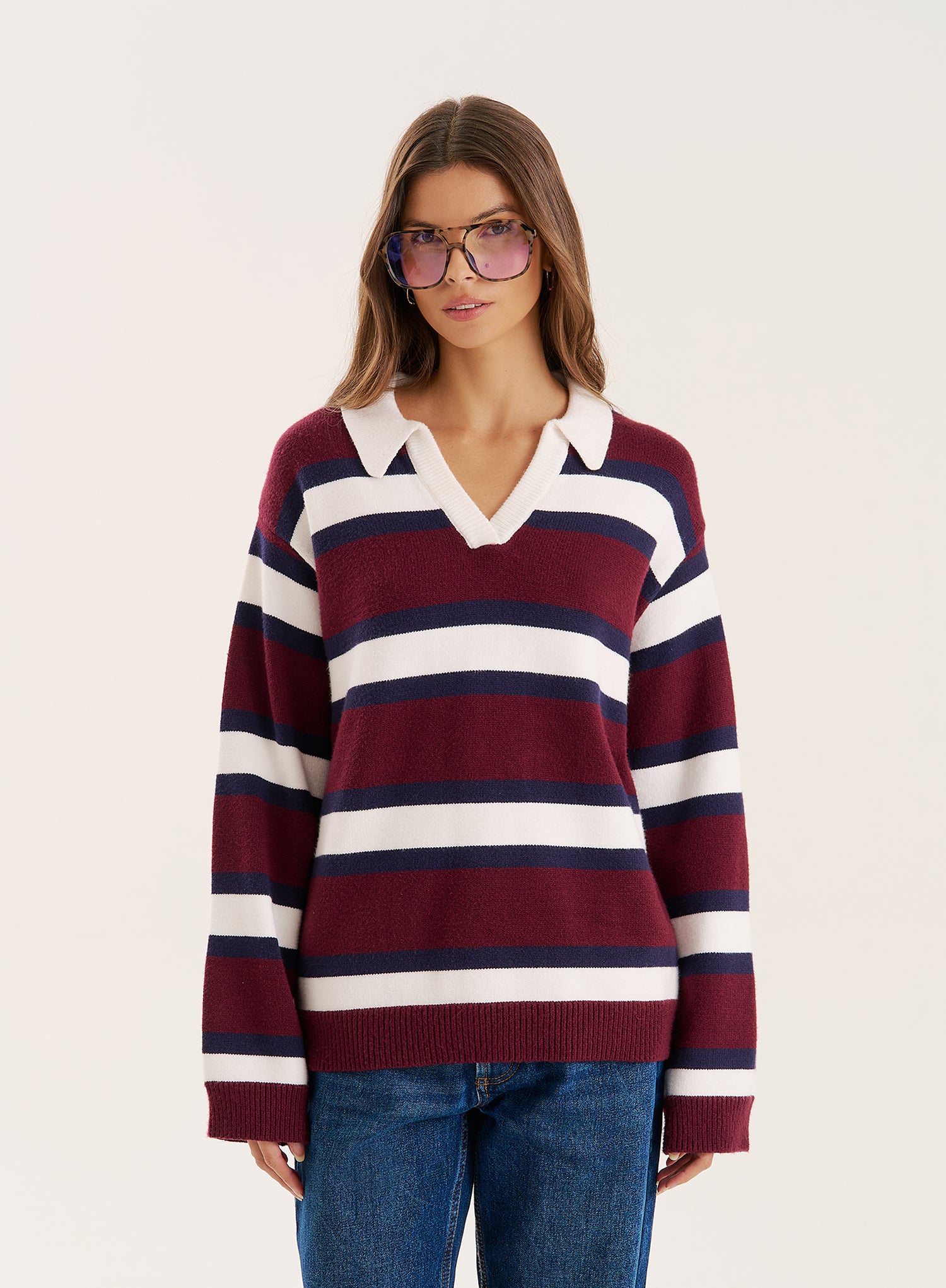Striped Knitted Contrast Collar Jumper