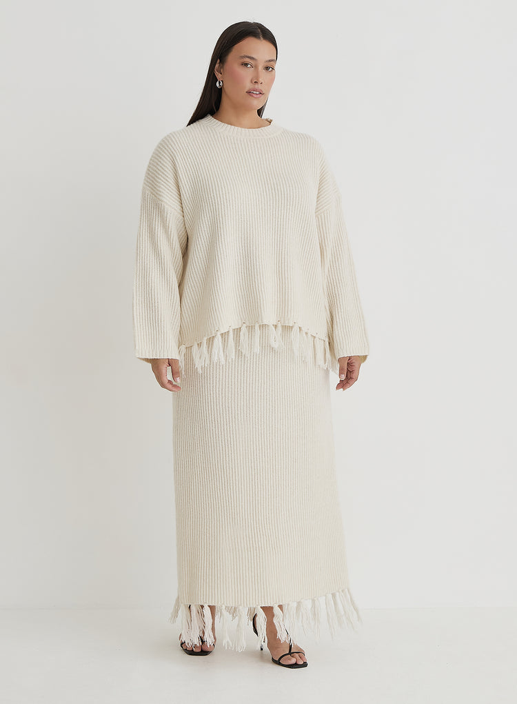 Cream Curve Oversized Tassle Trim Jumper- Fallon