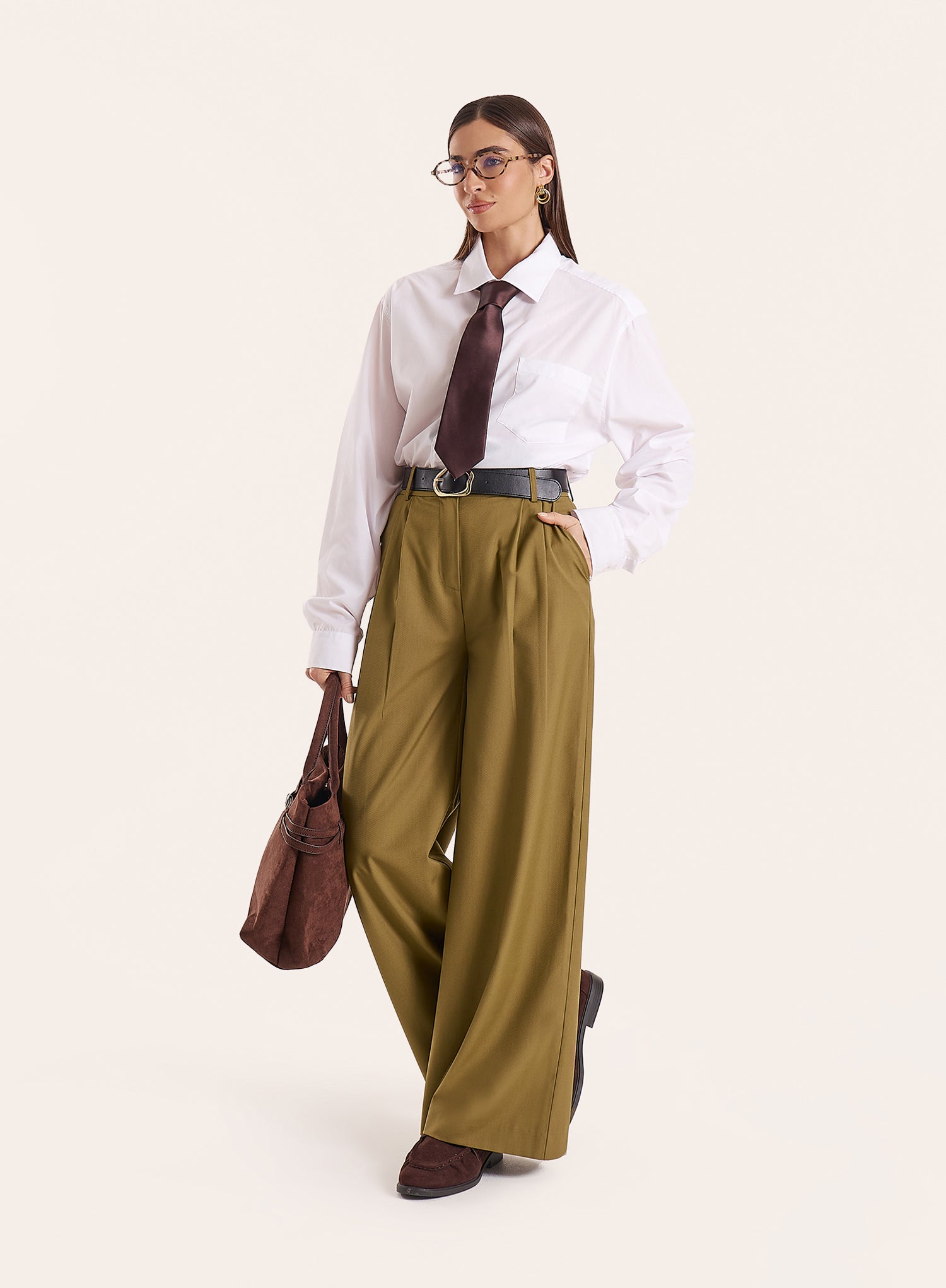 Olive Hardware Belt Detail Tailored Trousers