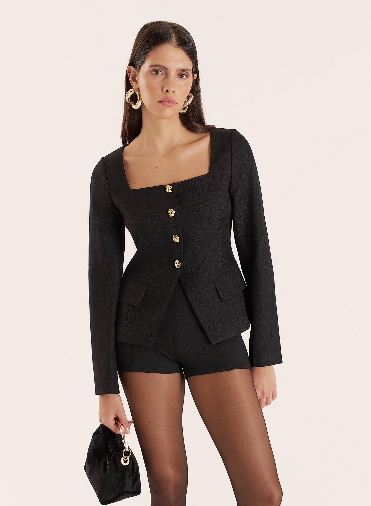 Black Square Neck Gold Buttoned Jacket