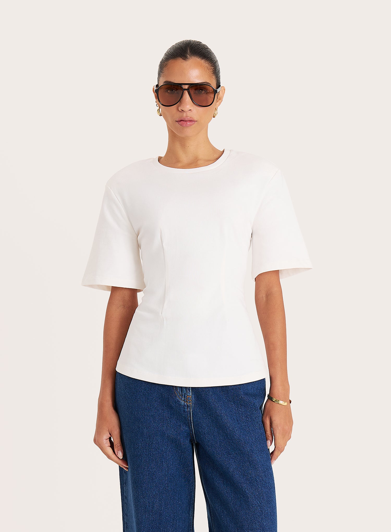 White Shoulder Pad Cinched Waist T-Shirt