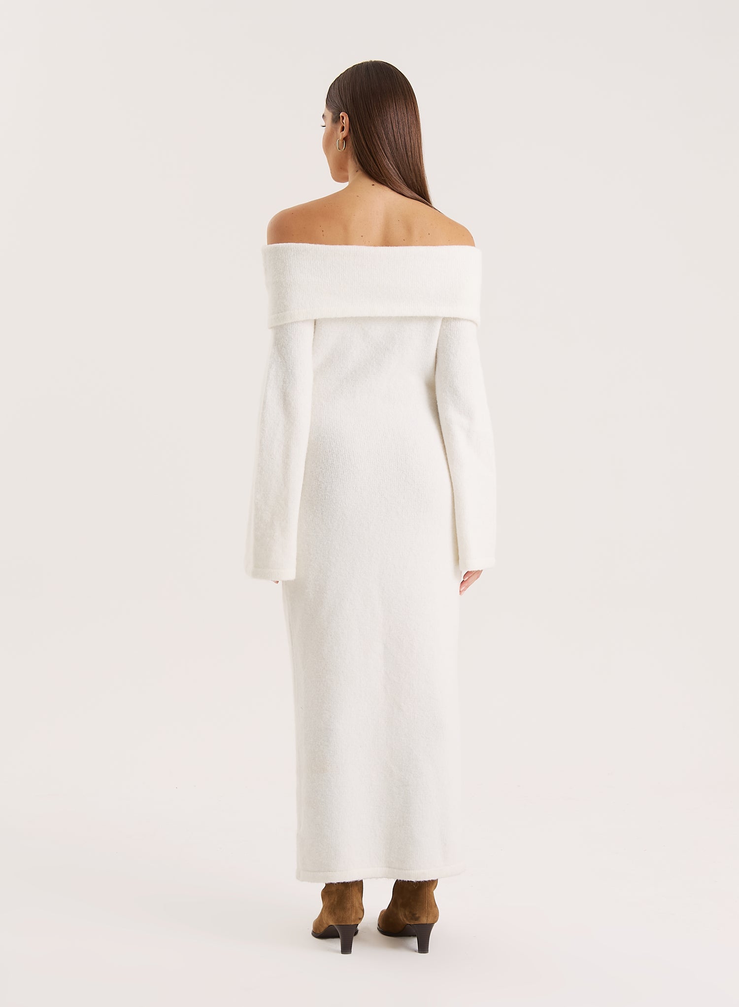 Cream Off Shoulder Wool Blend Knitted Maxi Dress