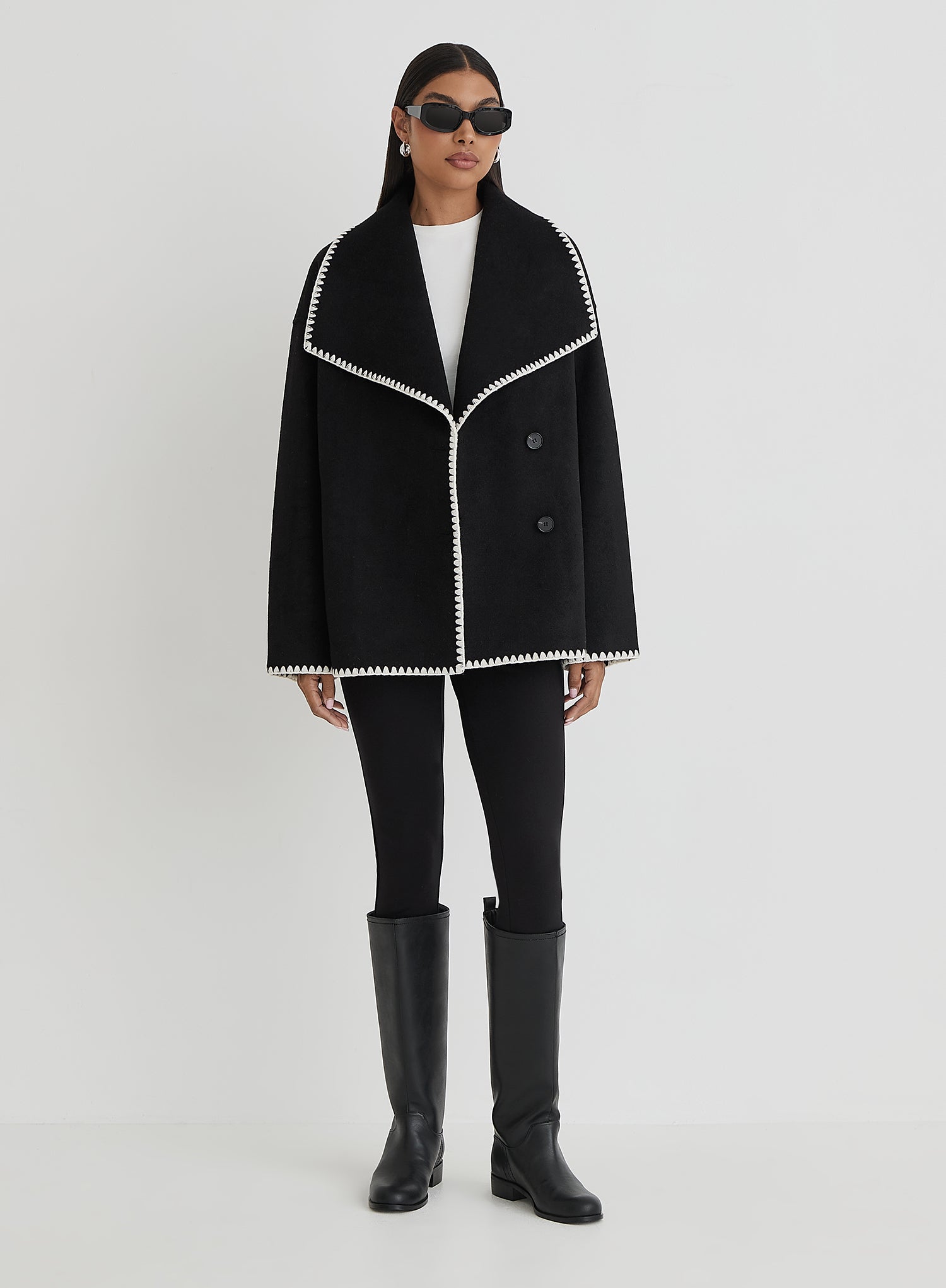 Black Contrast Stitch Oversized Jacket - Darin