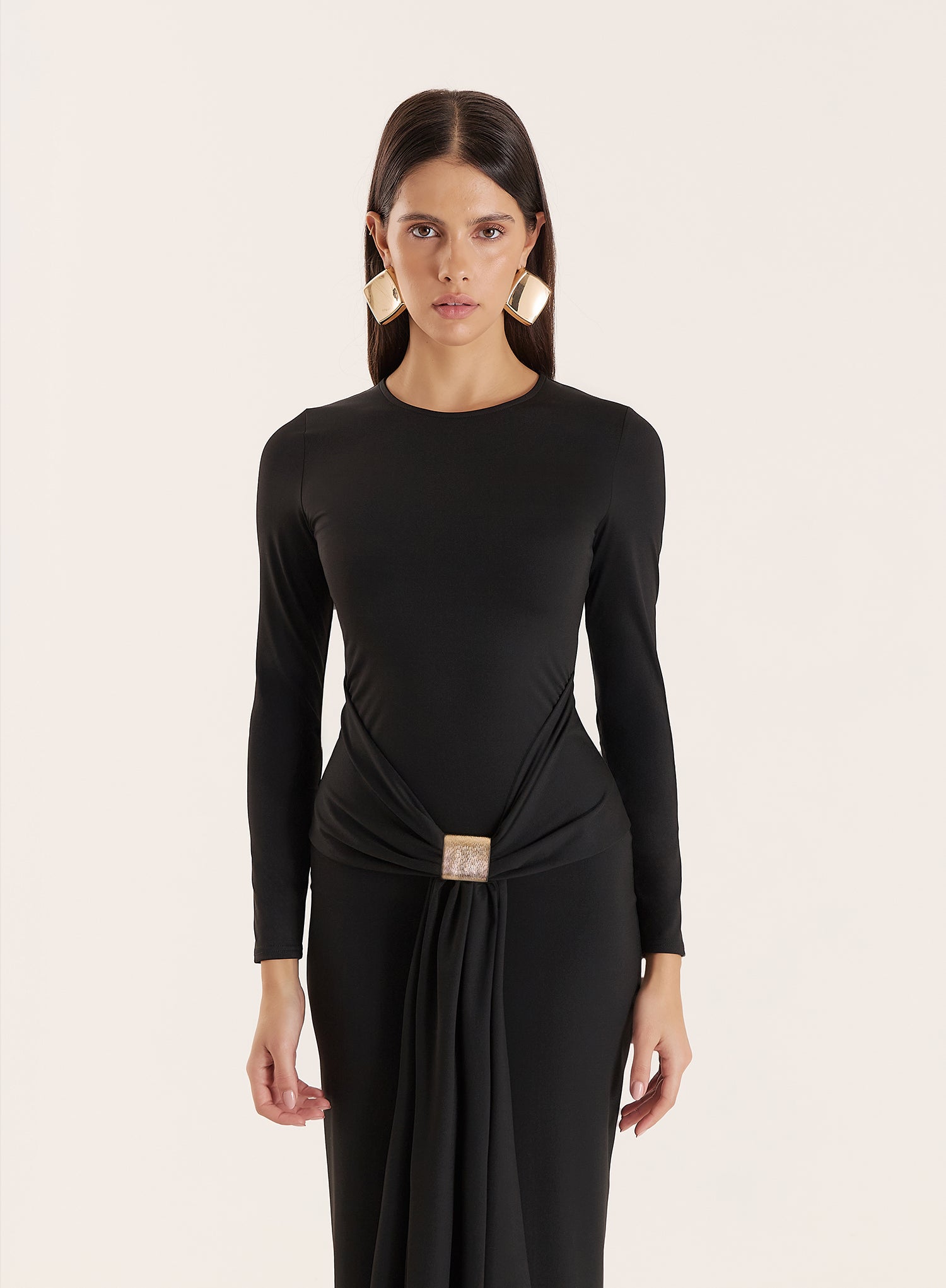 Black Jersey Hardware Waist Detail Maxi Dress