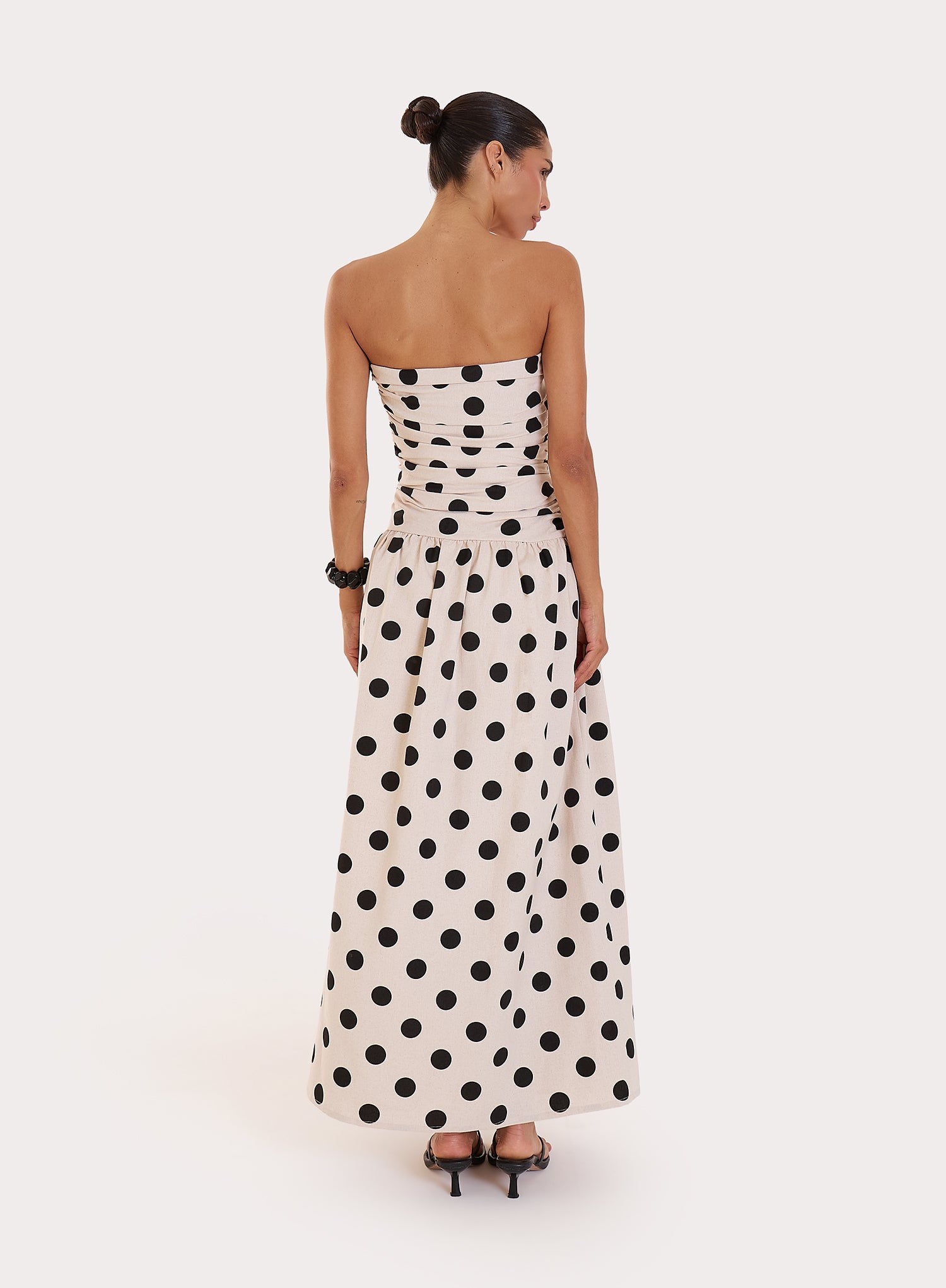 Polka Dot Printed Linen Blend Bandeau Maxi Dress