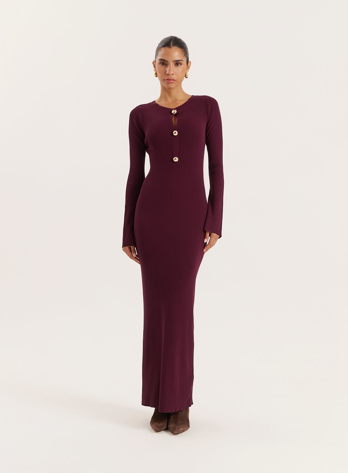 Plum Cut-out Flare Sleeved Knitted Maxi Dress
