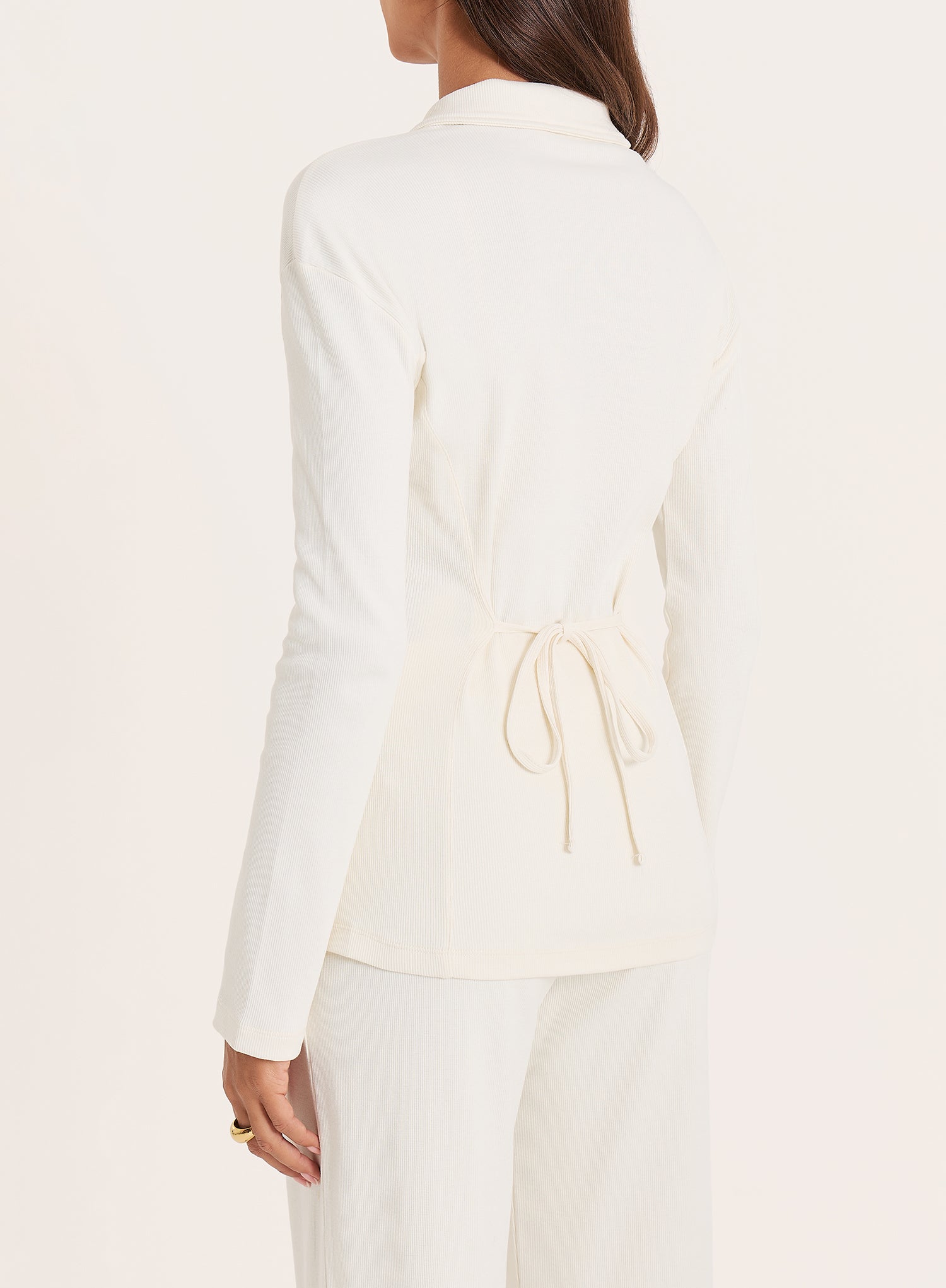 Cream Ribbed Button Long Sleeve Top