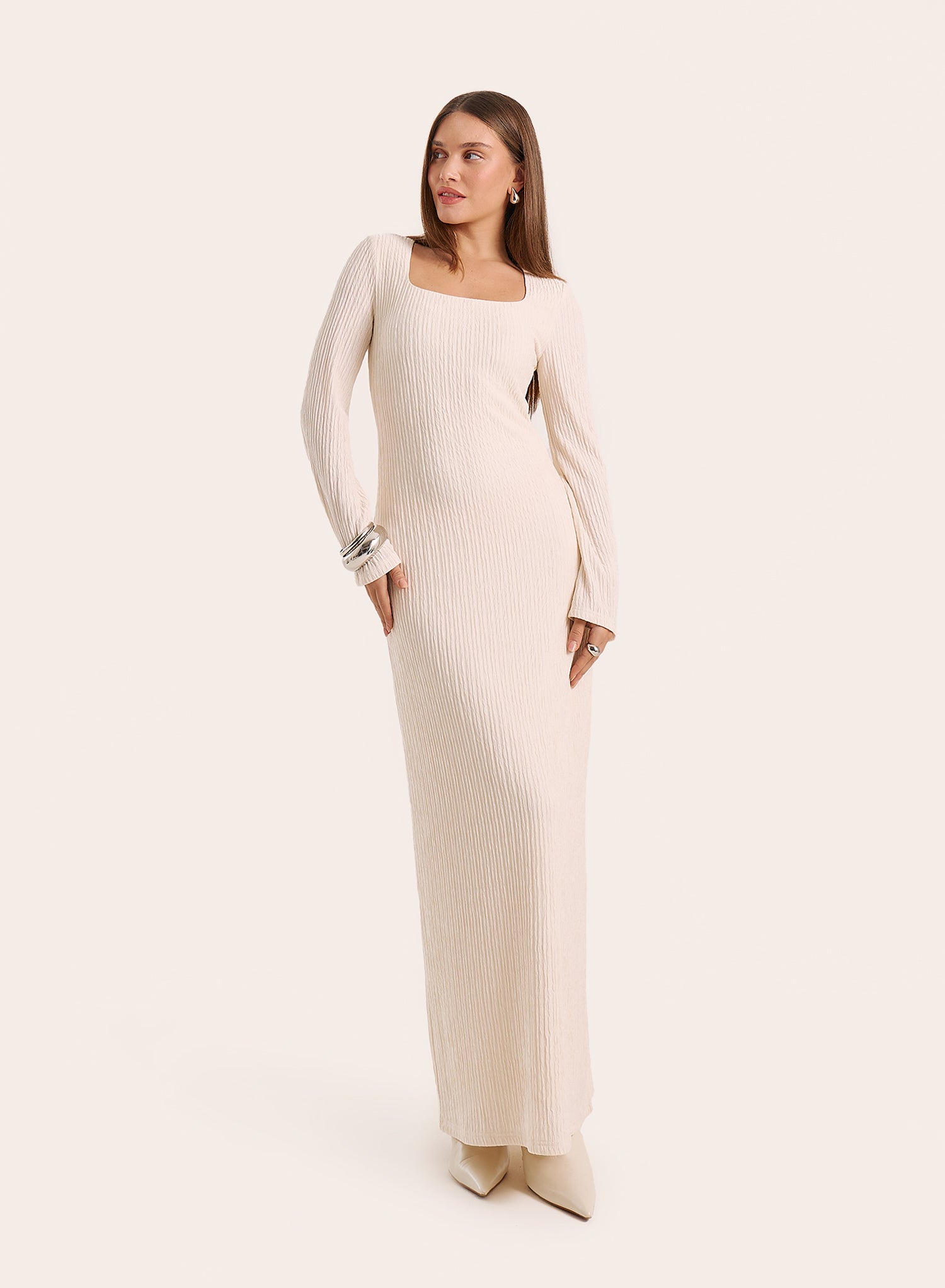 Ecru Square Neck Long Sleeve Maxi Dress