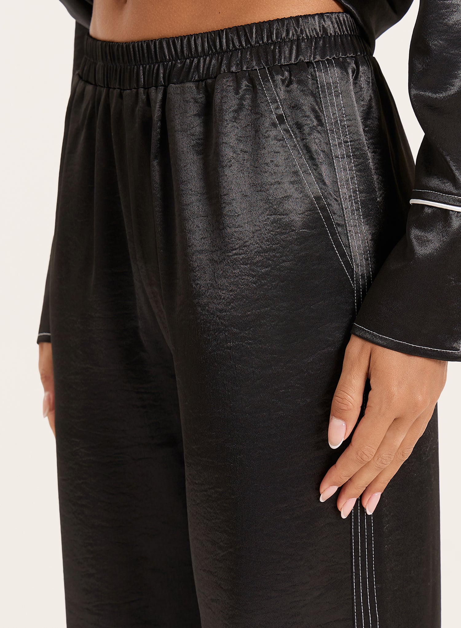 Black Satin Contrast Piping Trousers