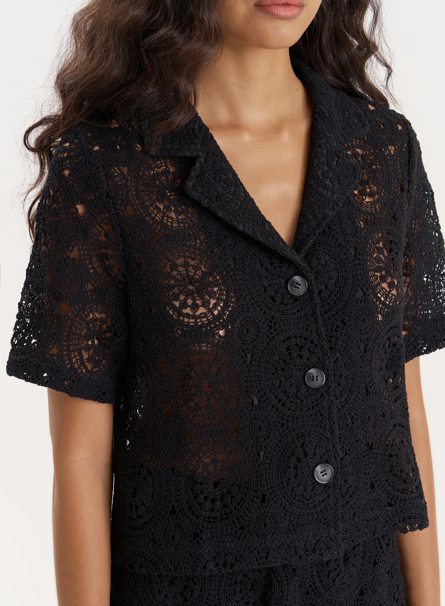 Black Crochet Short Sleeve Shirt- Sabrina