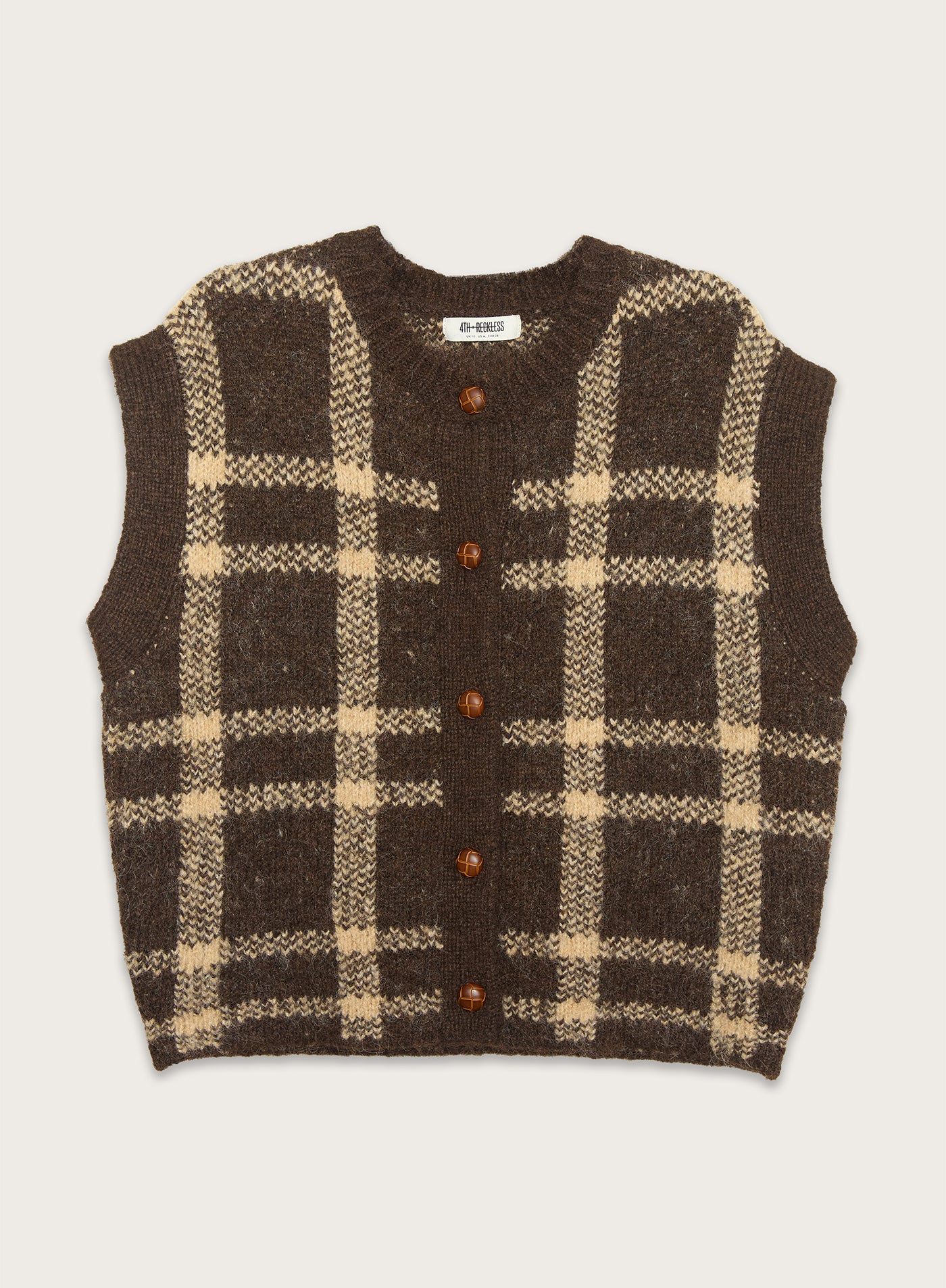 Brown Check Knitted Button Sweater Vest