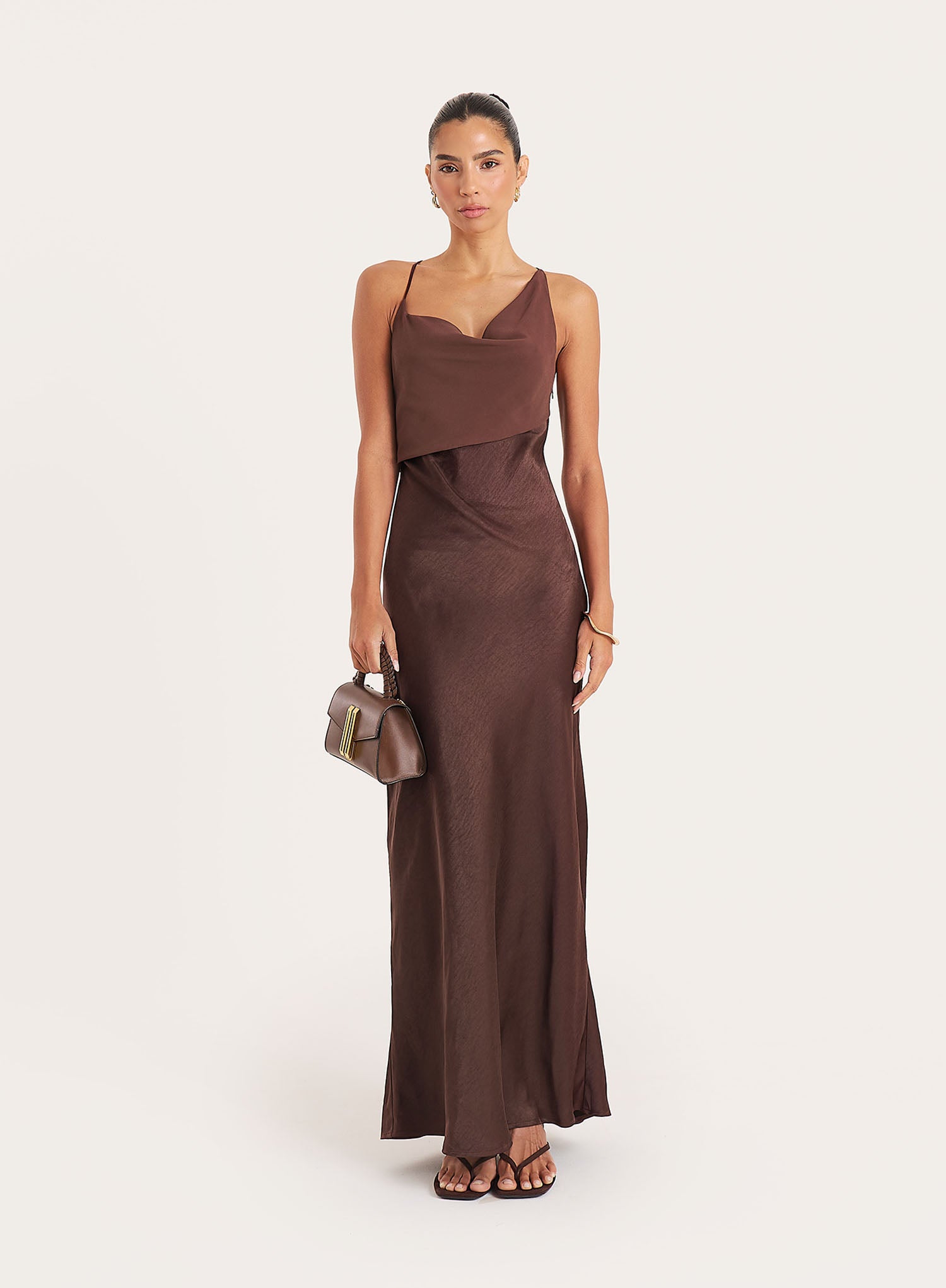 Chocolate Cowl Neck Satin And Chiffon Maxi Dress