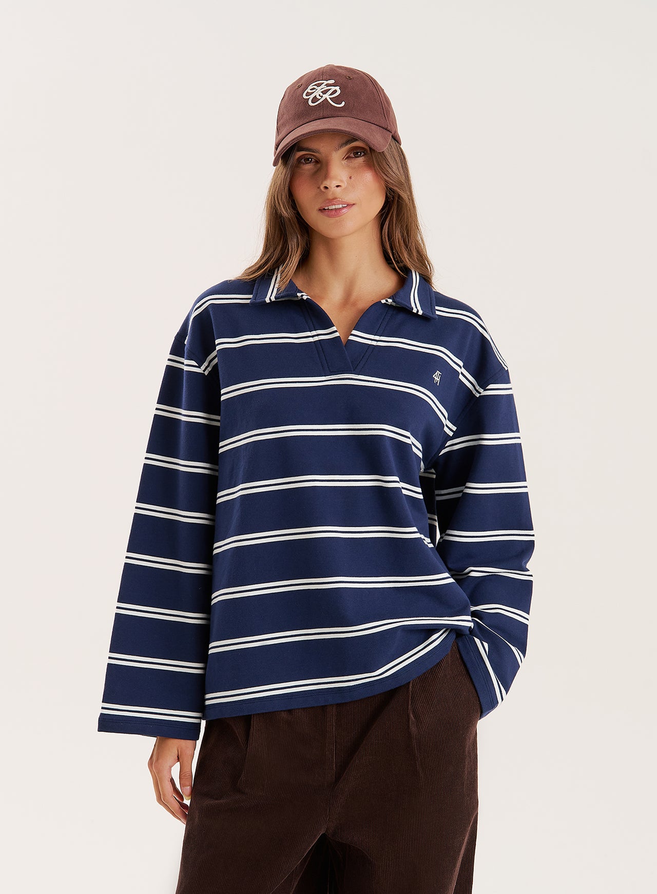 Women's Navy And White Thin Striped Rugby Top | Hailey | 4th & Reckless