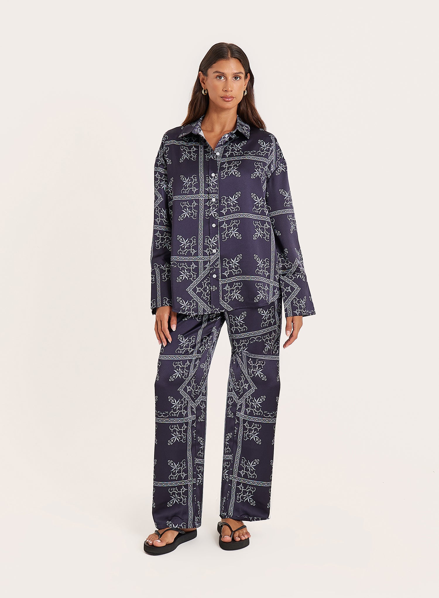 Navy Paisley Print Satin Trousers