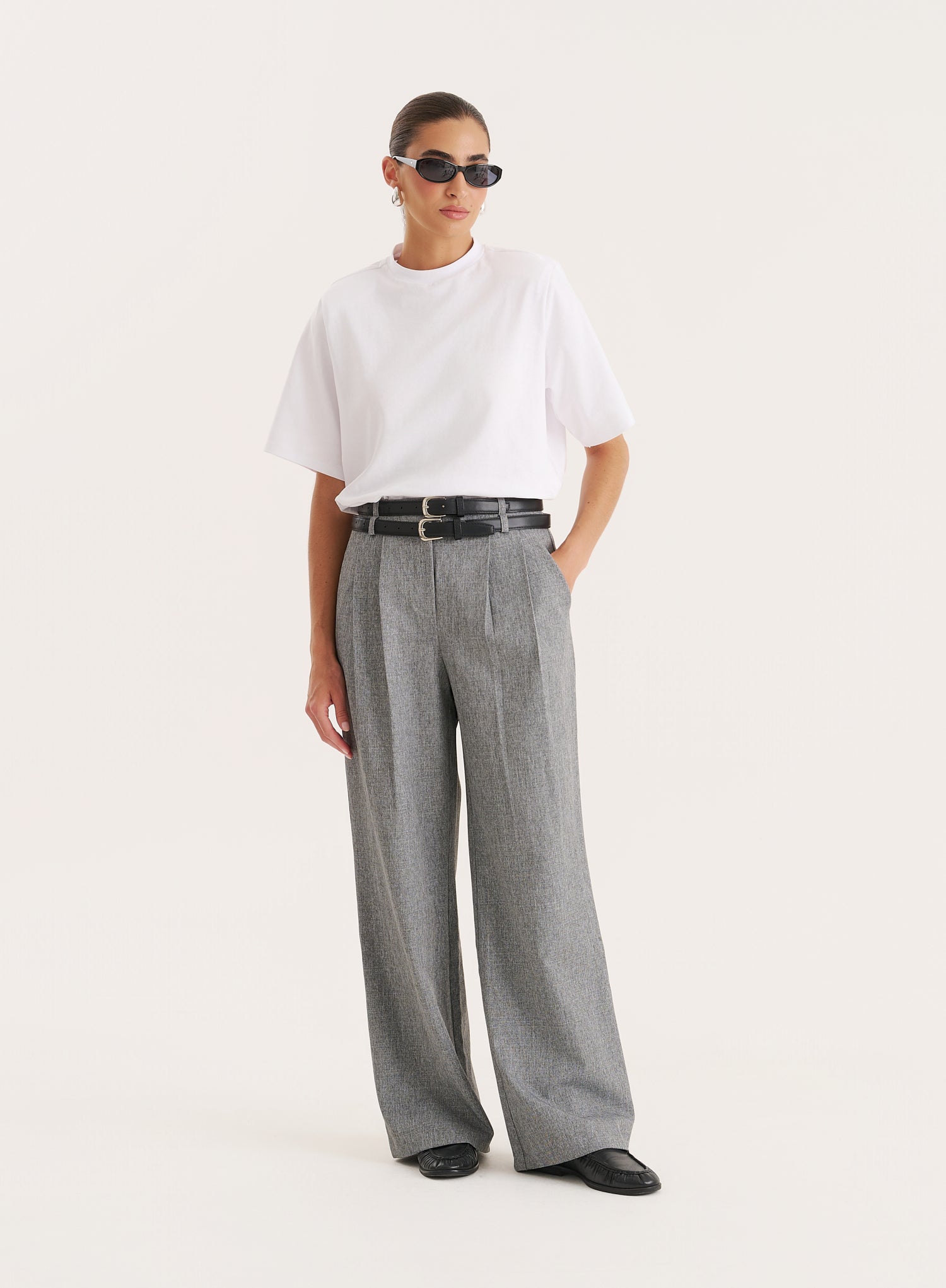 Grey Belted Tailored Wide Leg Trouser