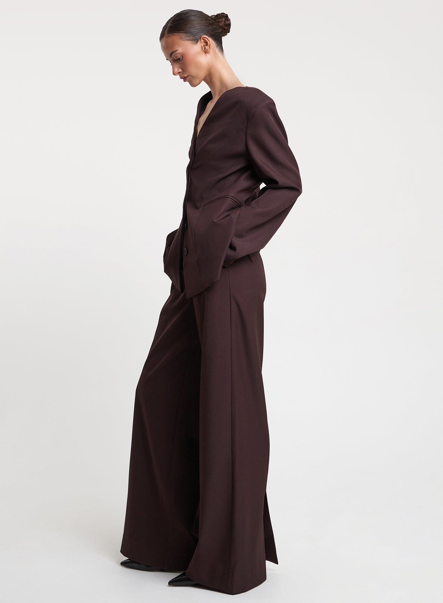 Plum Collarless Cinched Waist Blazer