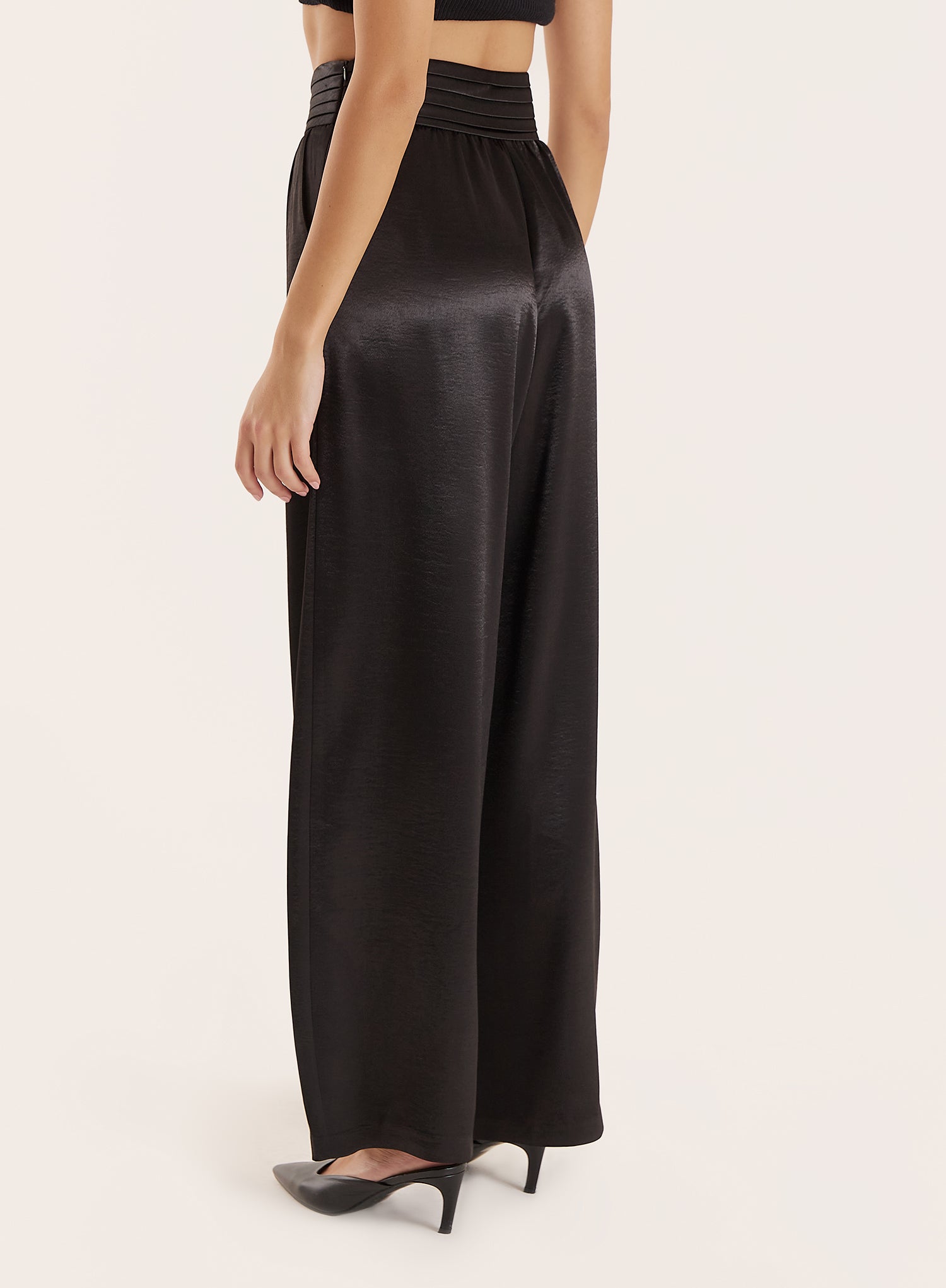 Black Pleated Waistband Wide Leg Satin Trousers