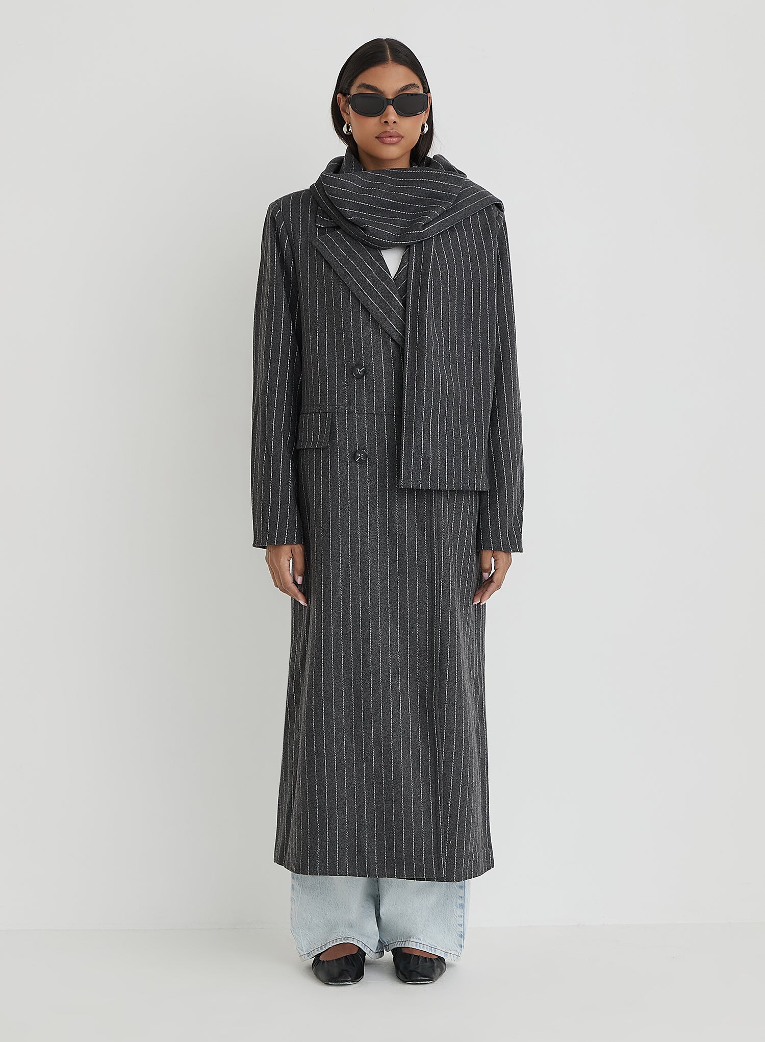 Grey Pinstripe Tailored Oversized Maxi Coat With Scarf- Melia