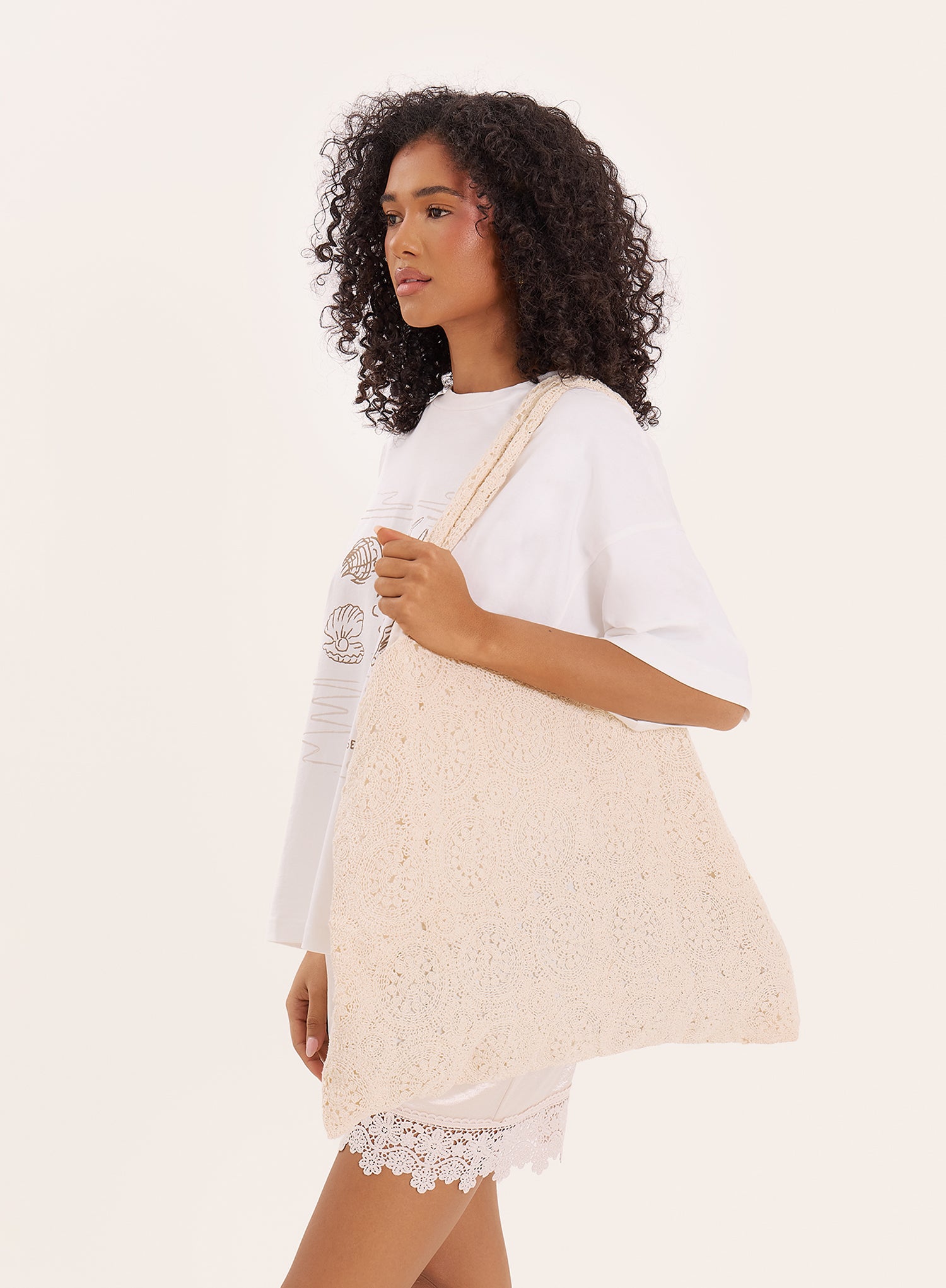 Cream Crochet Tote Beach Bag