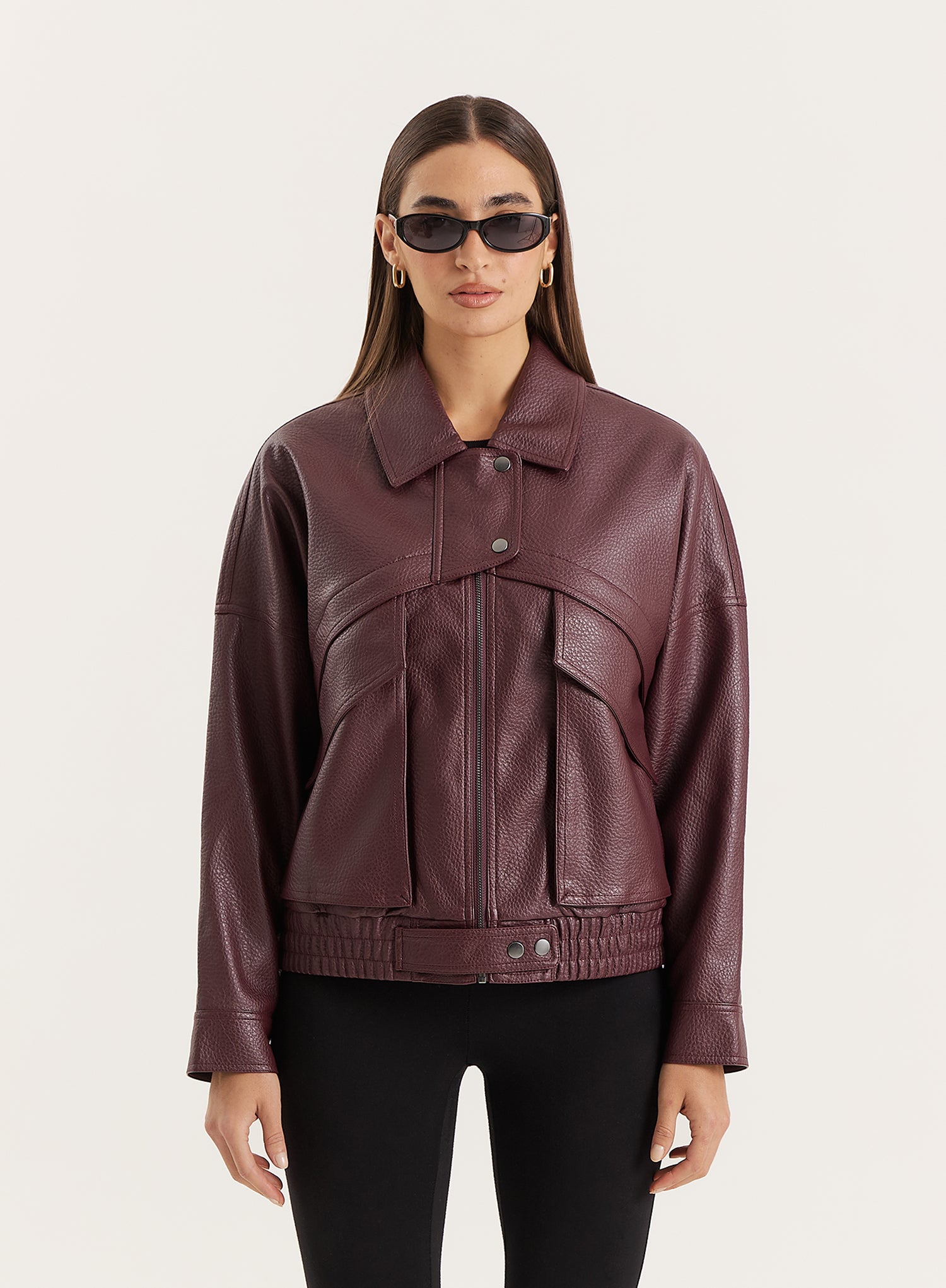 Burgundy Textured Faux Leather Cropped Jacket