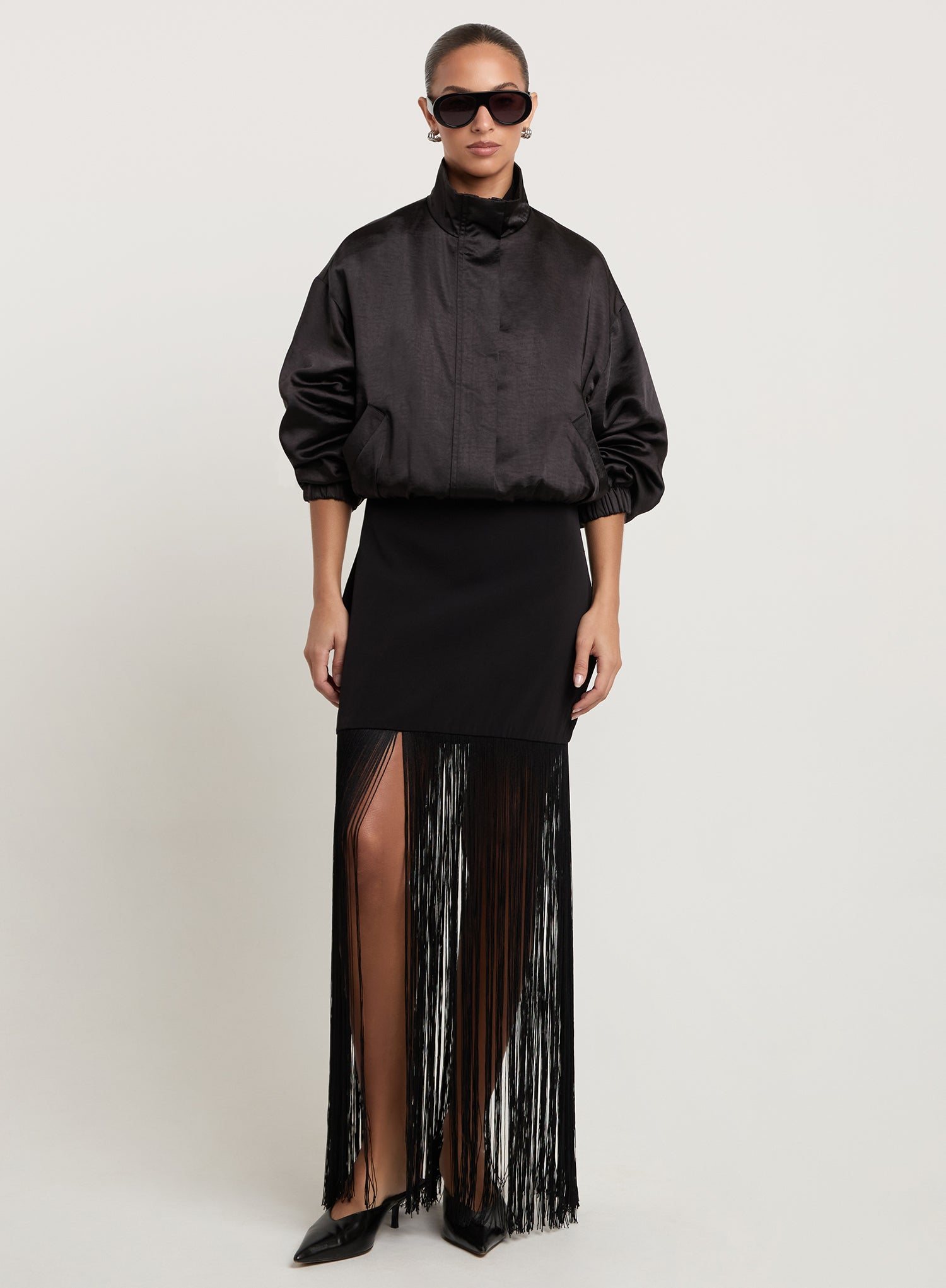 Black Satin Dropped Shoulder Bomber Jacket