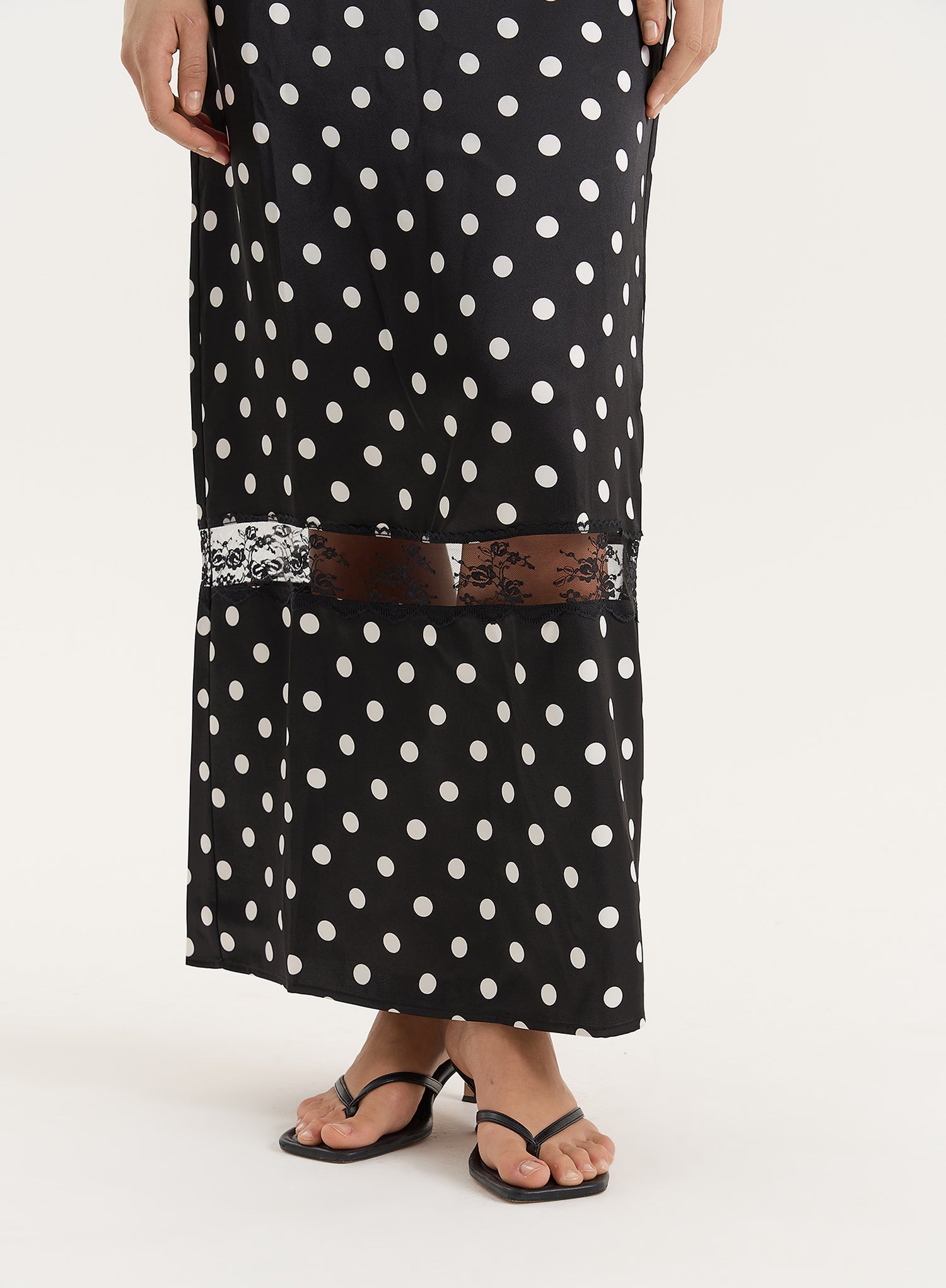 Polka Dot Satin Lace Detail Maxi Skirt- Jayda