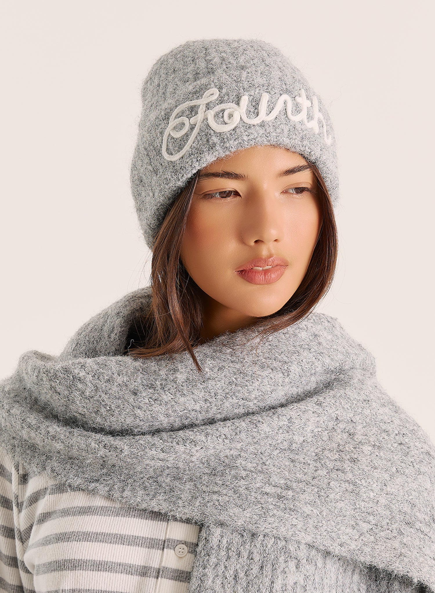 Grey Script Logo Knit Beanie Hat