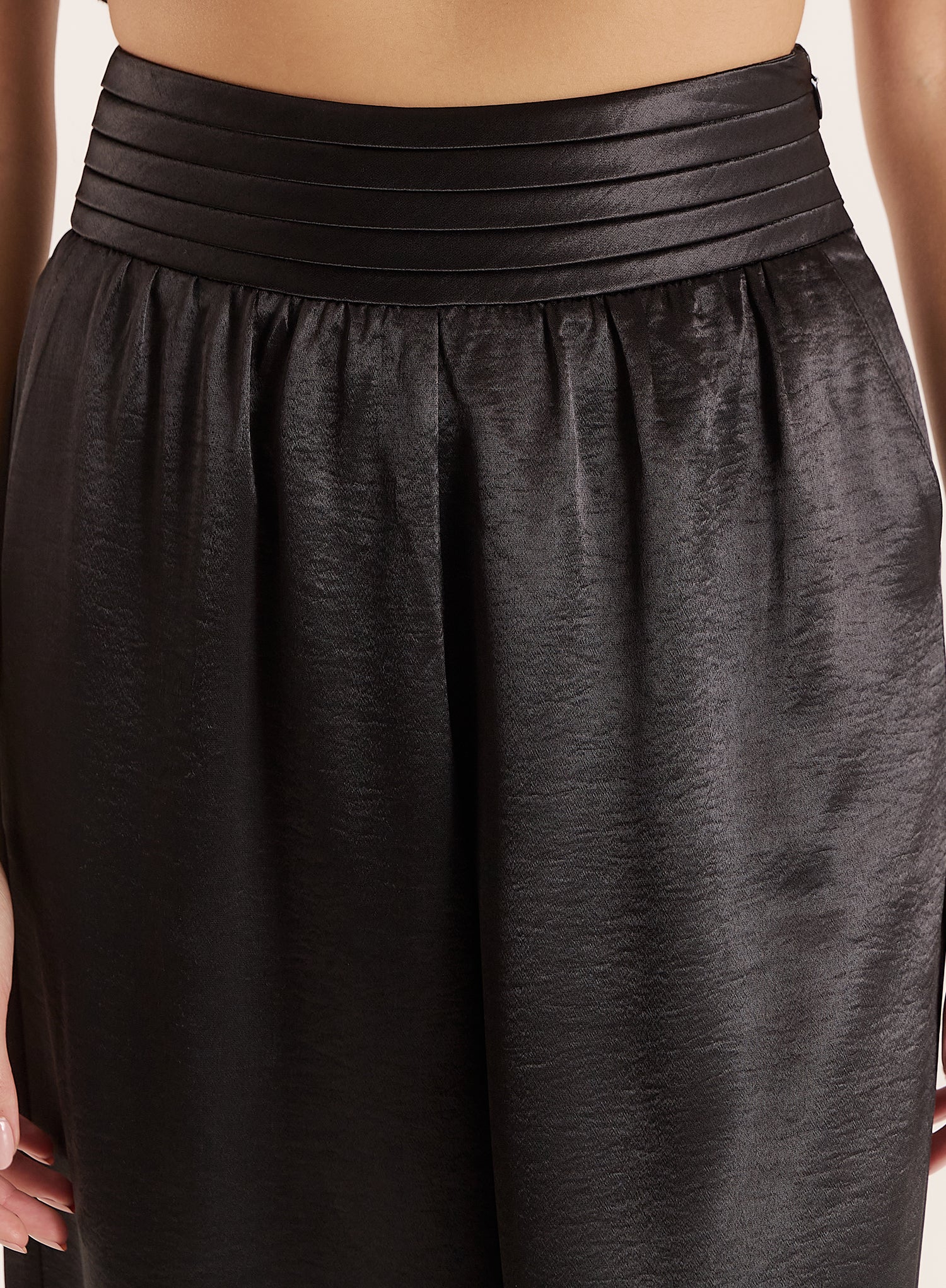 Black Pleated Waistband Wide Leg Satin Trousers
