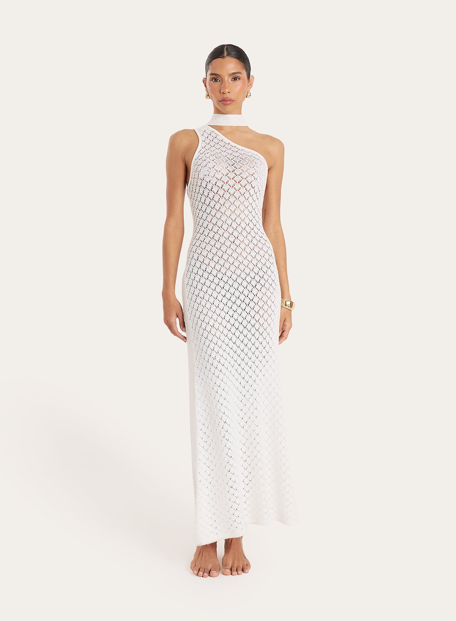 White Crochet One Shoulder Scarf Neck Maxi Dress