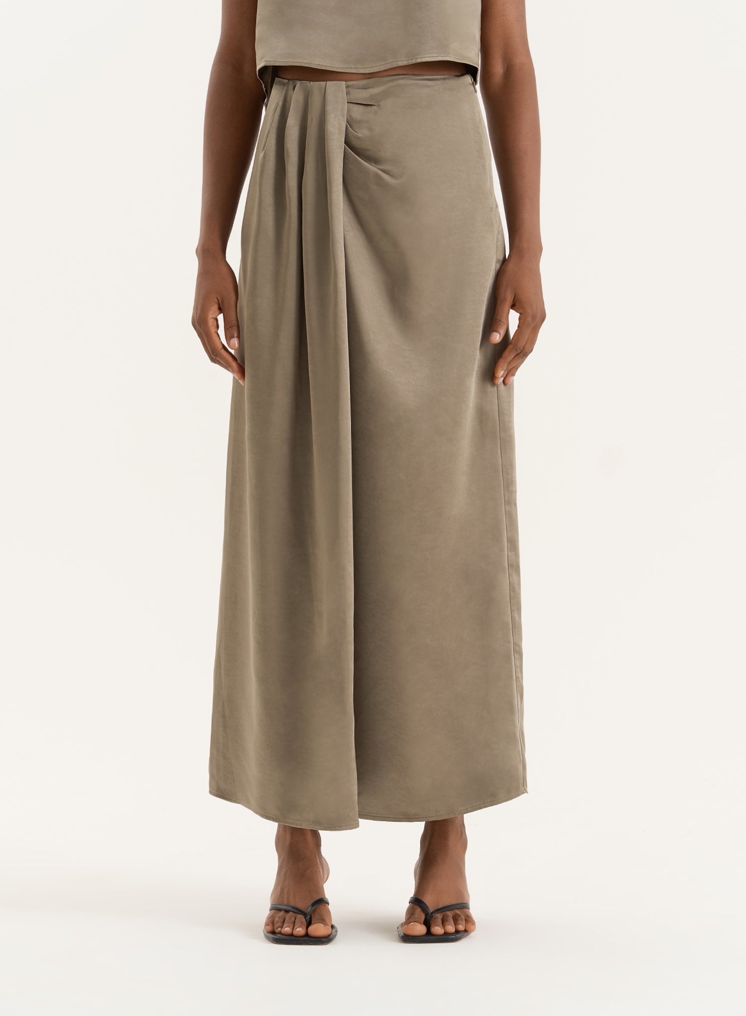 Olive Satin Maxi Skirt- Verona
