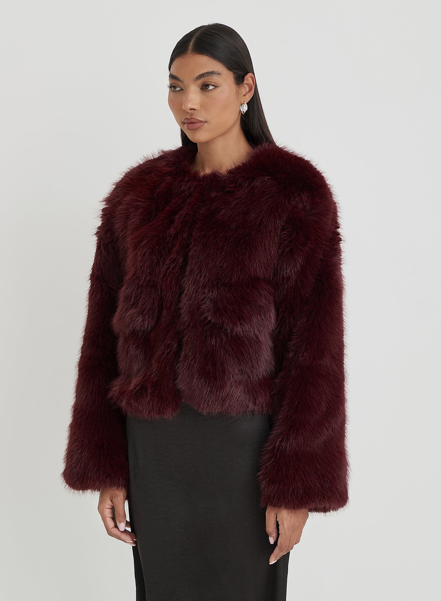 Burgundy Faux Fur Cropped Jacket- Reysha