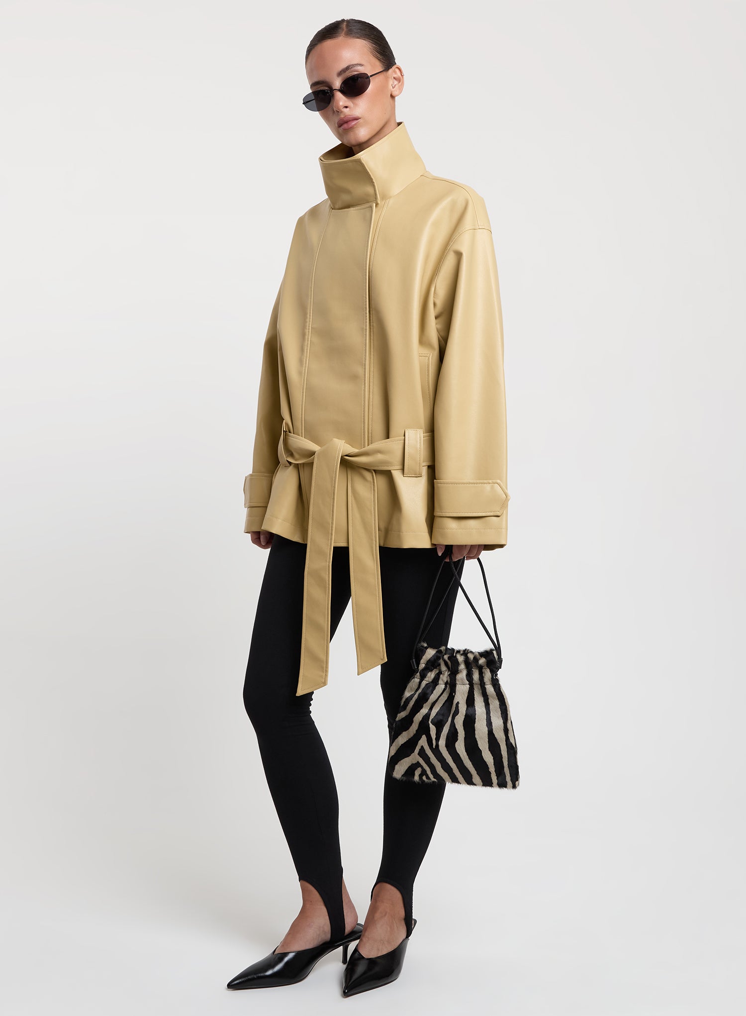 Butter Yellow Faux Leather Funnel Neck Jacket
