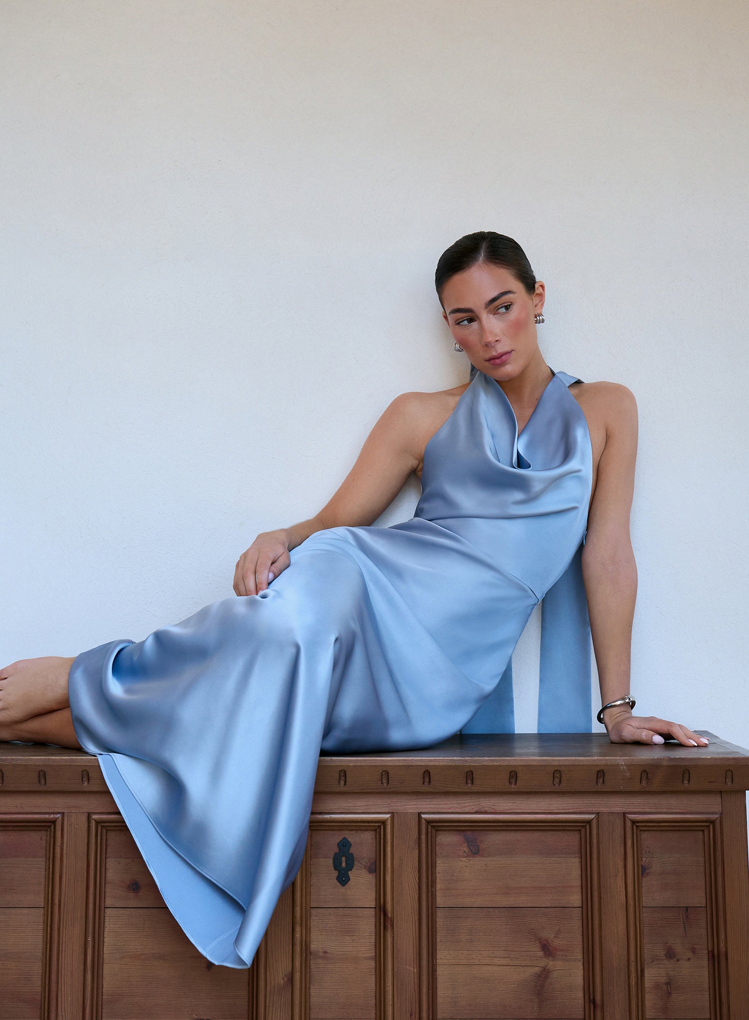 Blue Satin Cowl Neck Maxi Dress