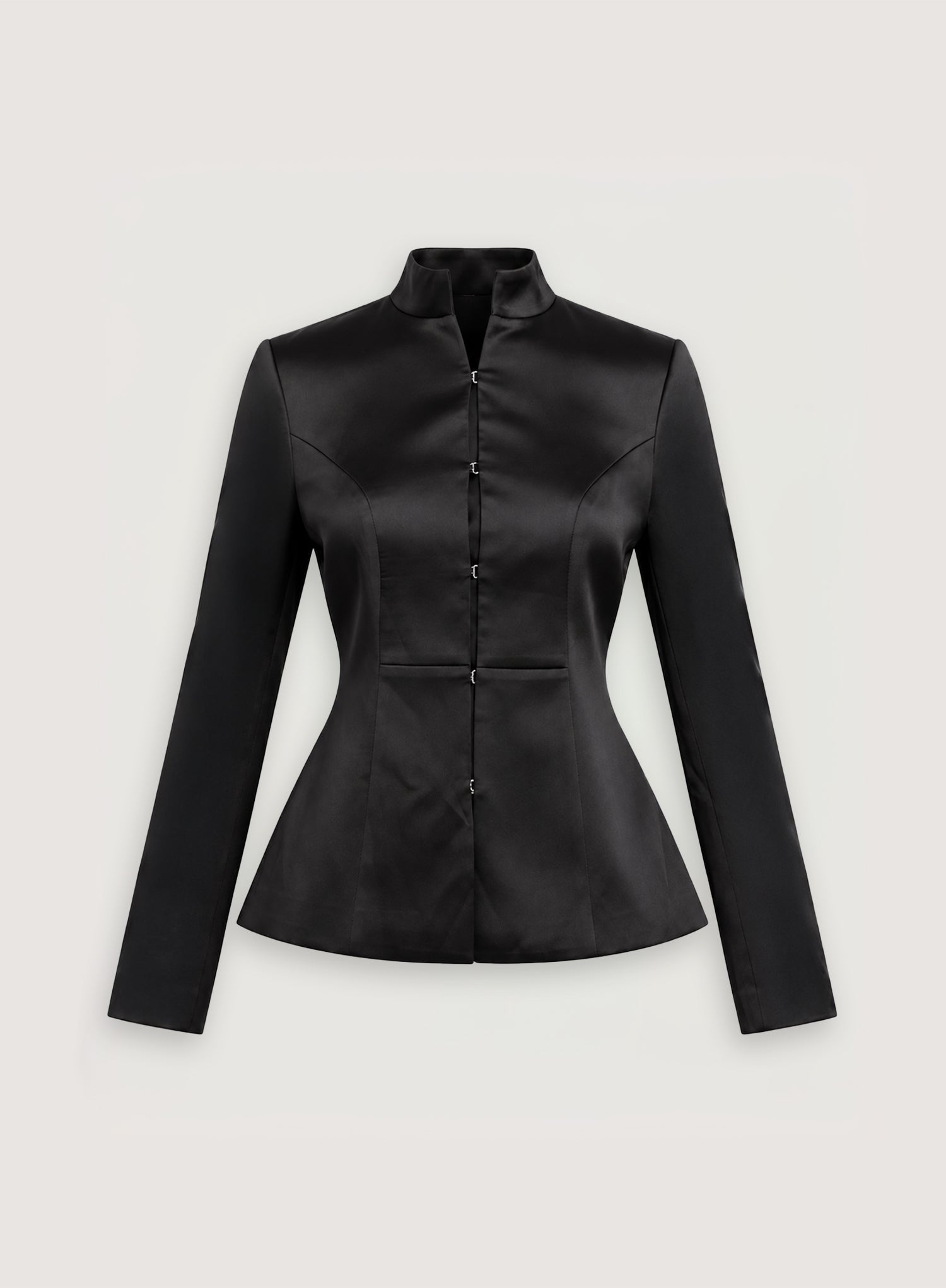 Black Satin Mandarin Collar Structured Jacket