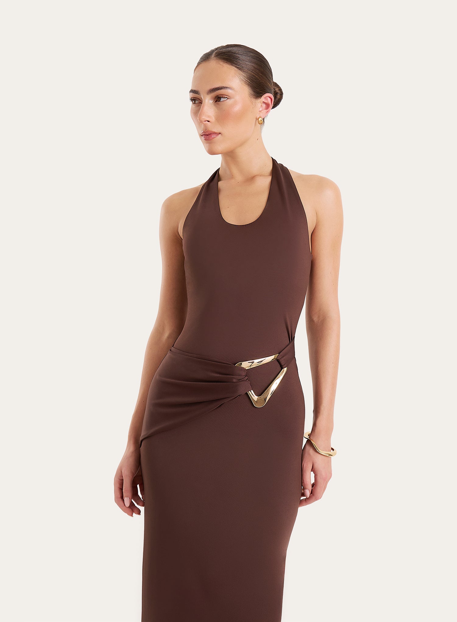 Chocolate Halterneck Jersey Hardware Belt Detail Maxi Dress
