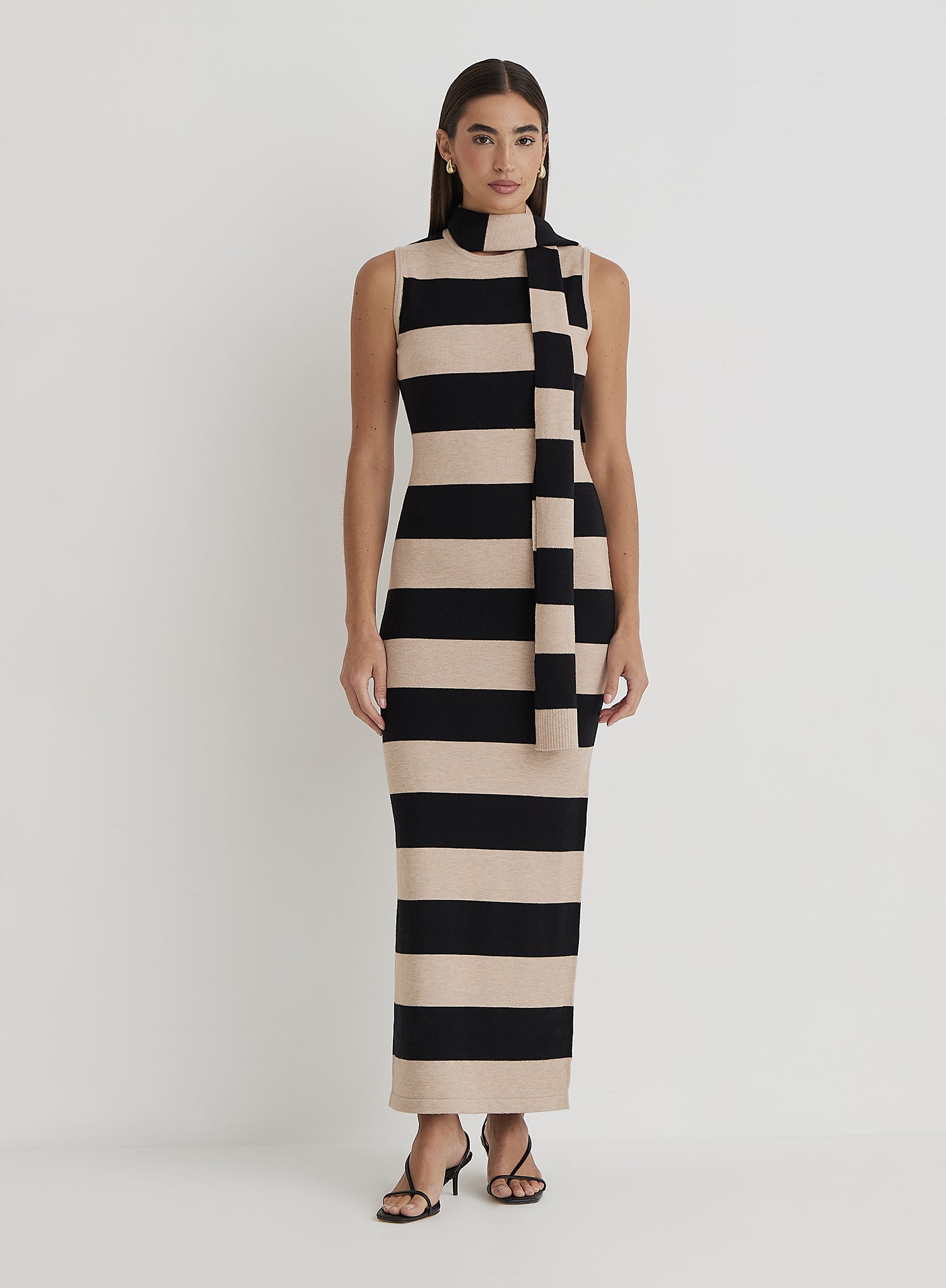 Striped Knitted Maxi Dress With Scarf- Fran