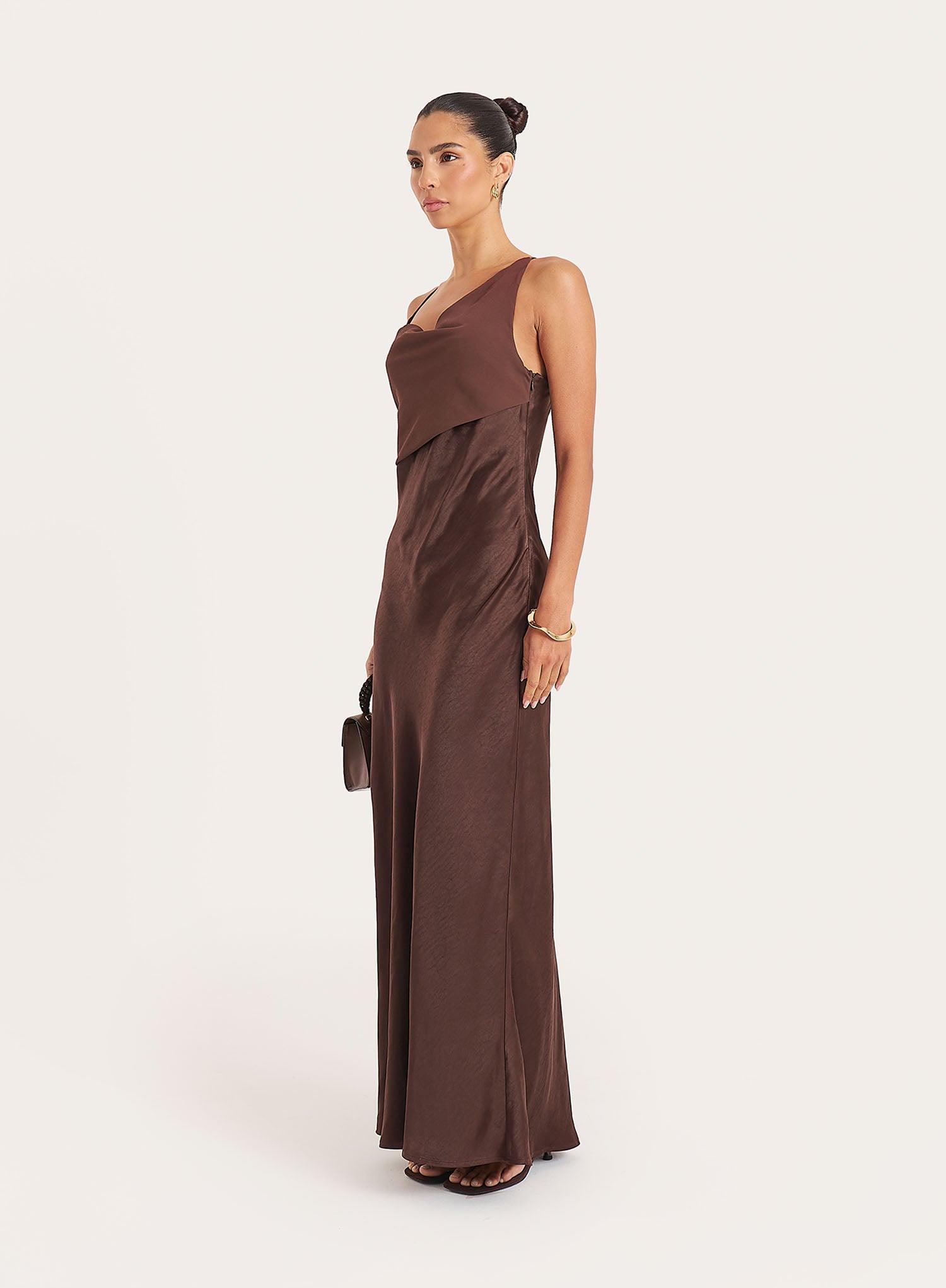 Chocolate Cowl Neck Satin And Chiffon Maxi Dress