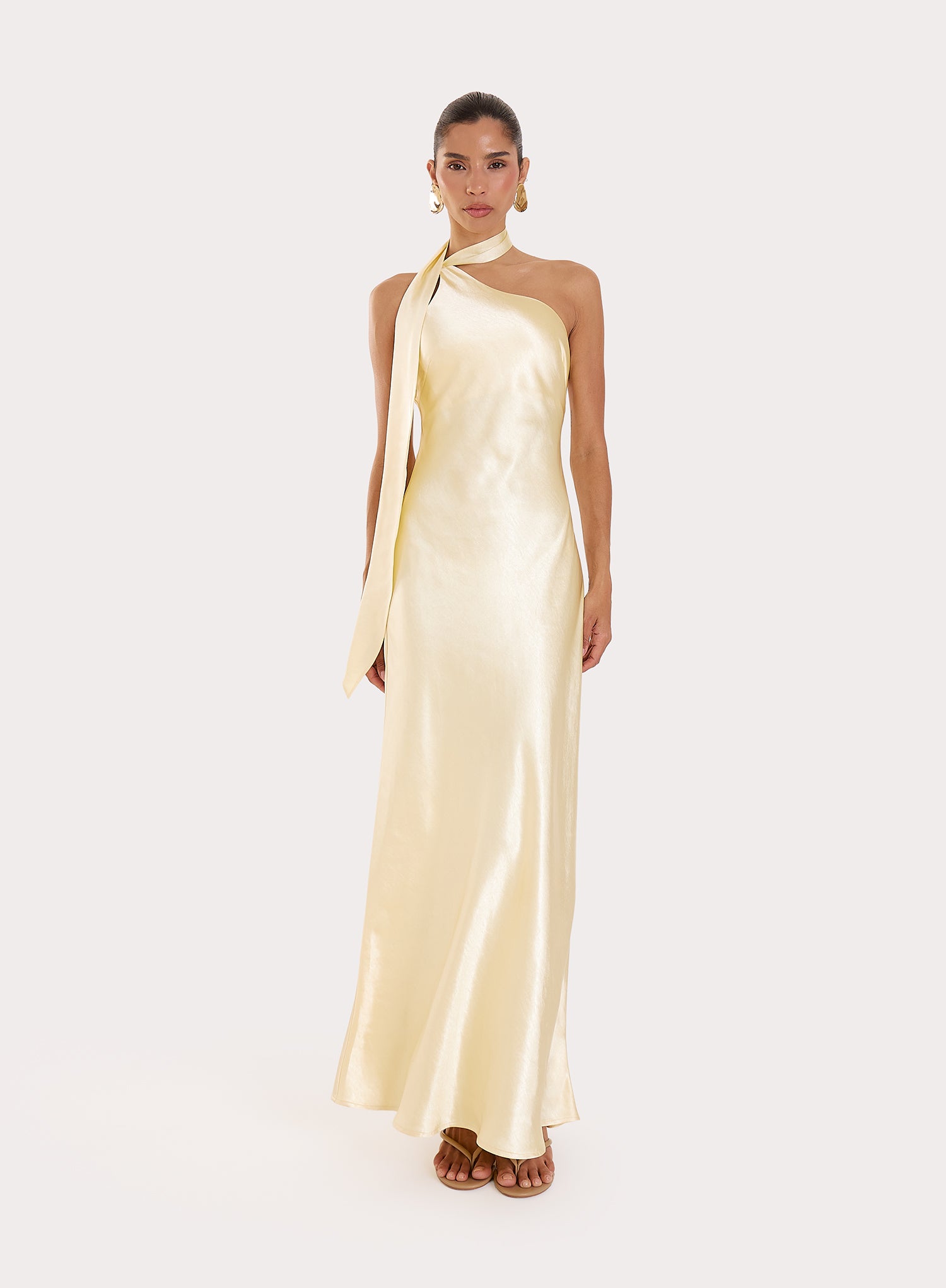 Lemon Satin One Shoulder Maxi Dress