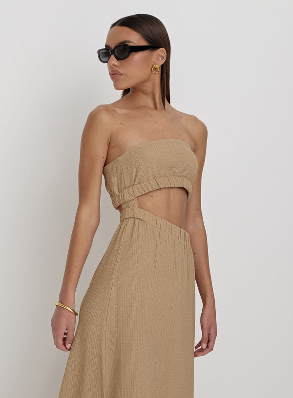 Camel Textured Cut Out Bandeau Maxi Dress- Angie