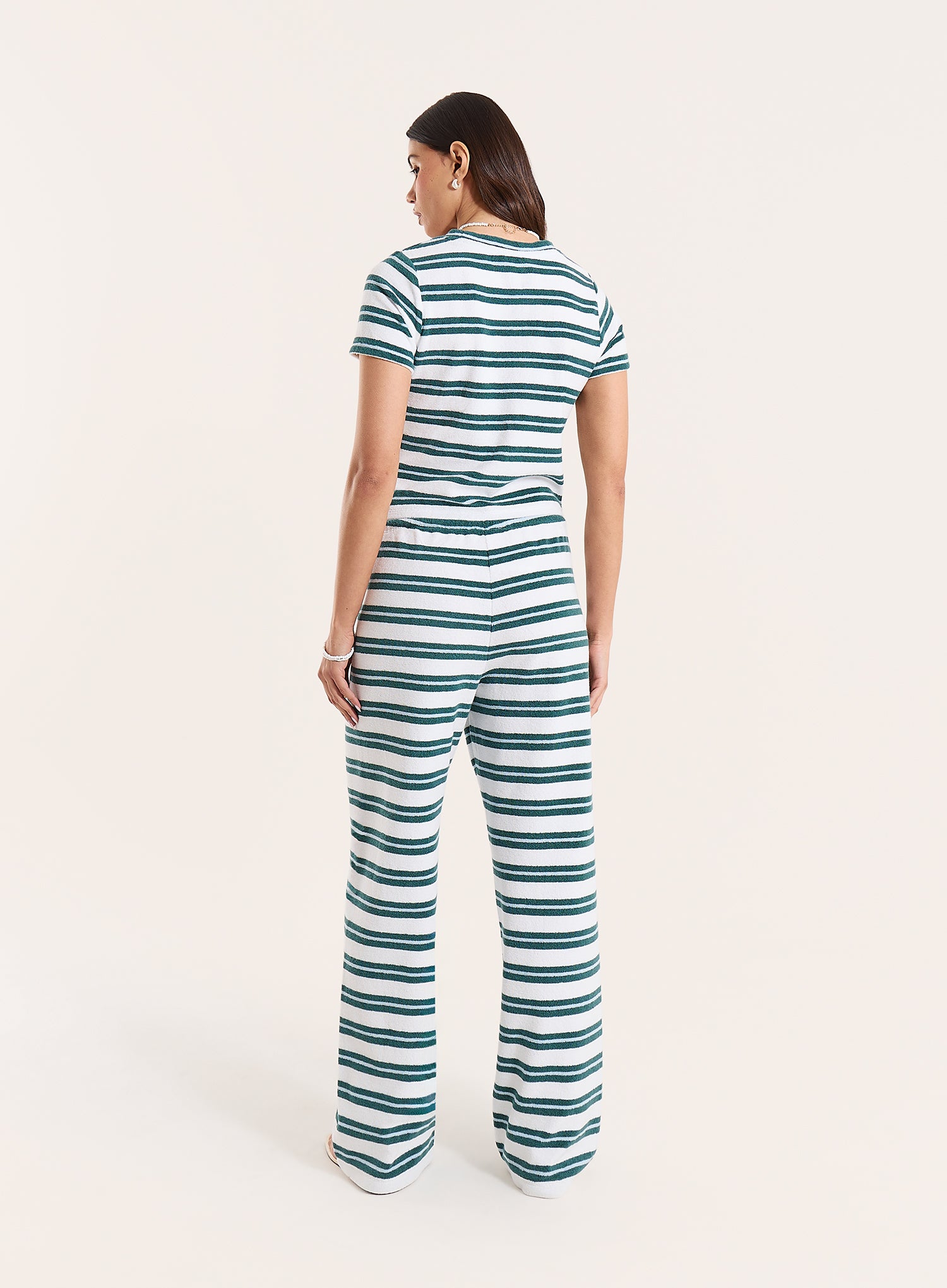 Green And White Striped Towelling Straight Leg Trousers