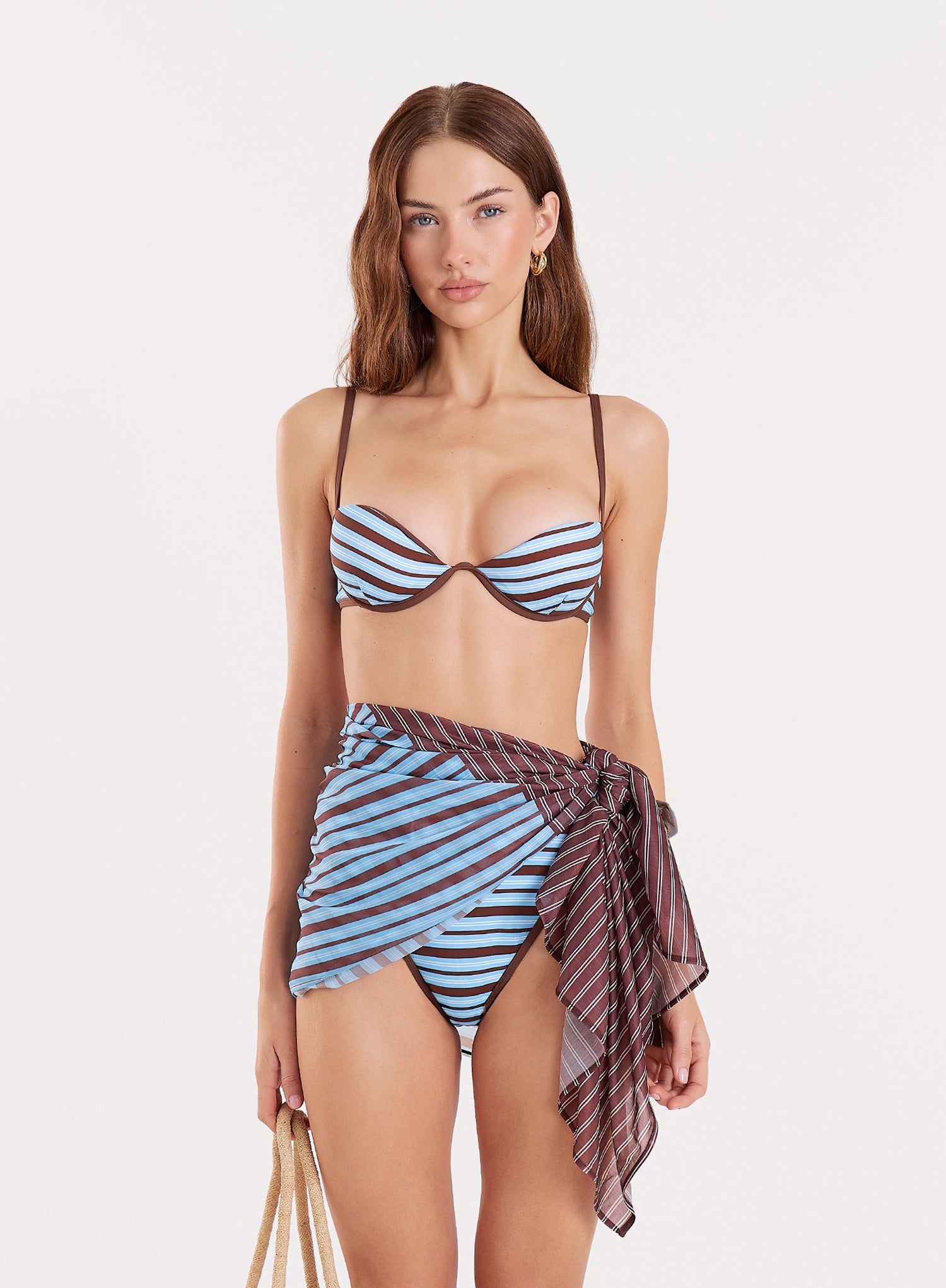Blue And Chocolate Stripe Underwired Bikini Top