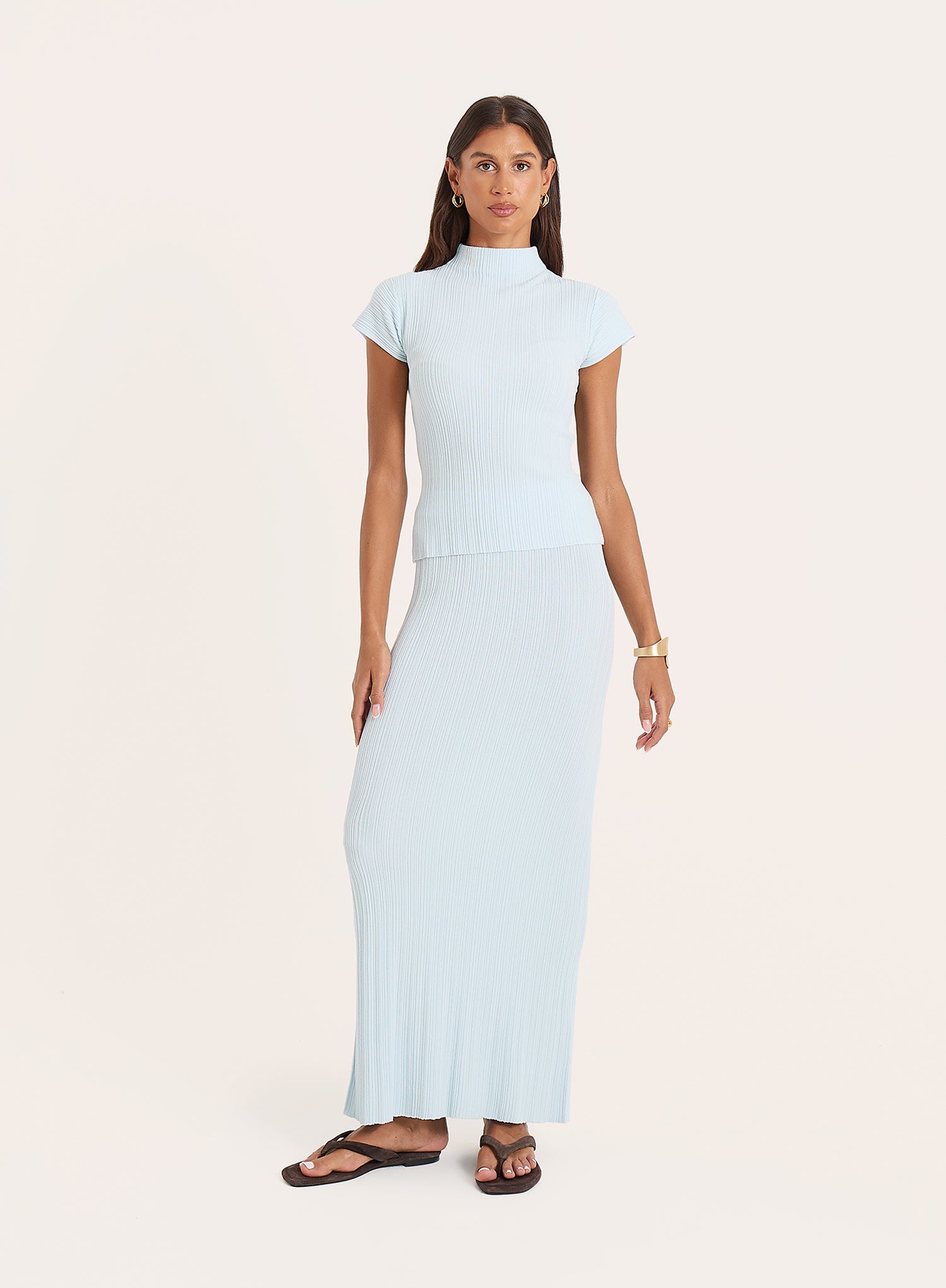 Blue Textured Fine Knit Maxi Skirt