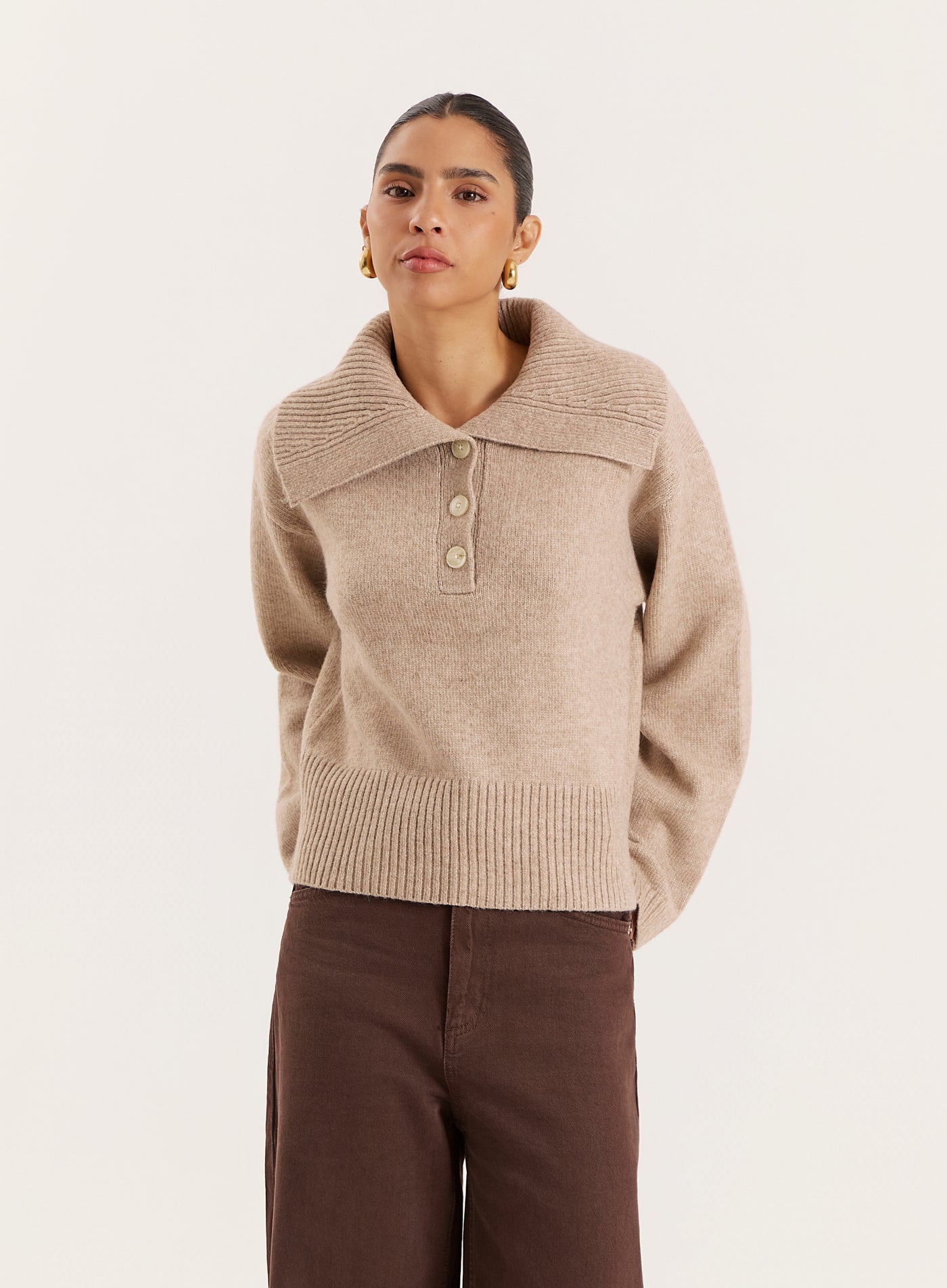 Beige Knitted Buttoned Collar Jumper