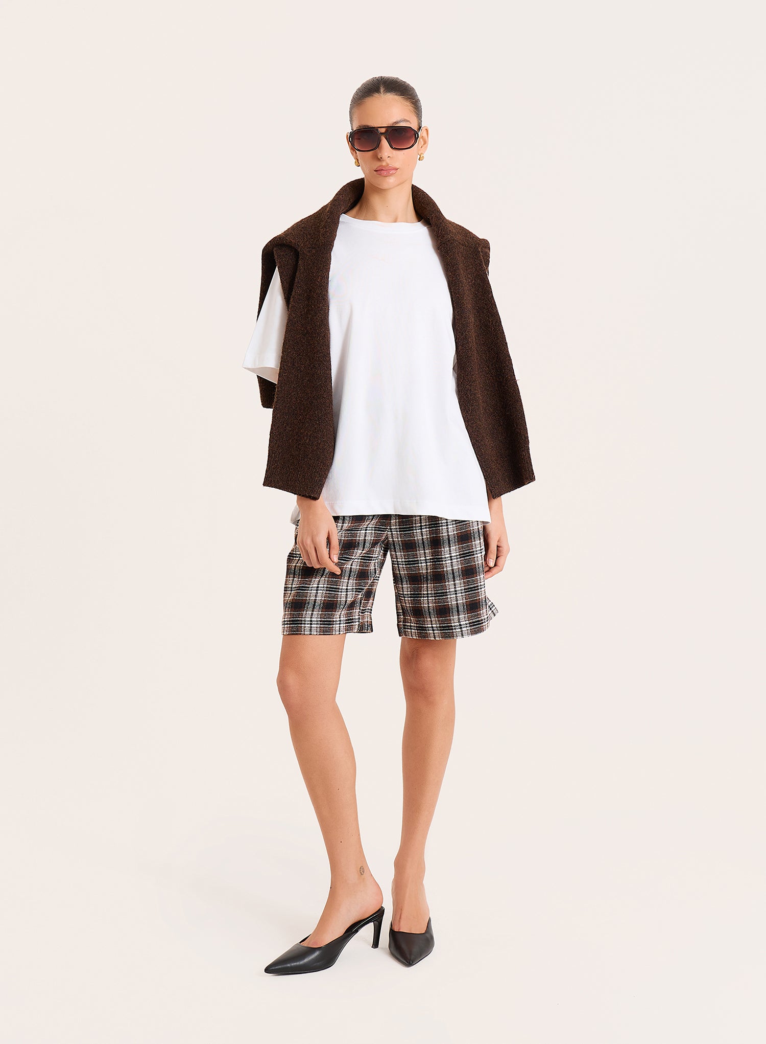 Brown Check Tailored Longline Bermuda Shorts