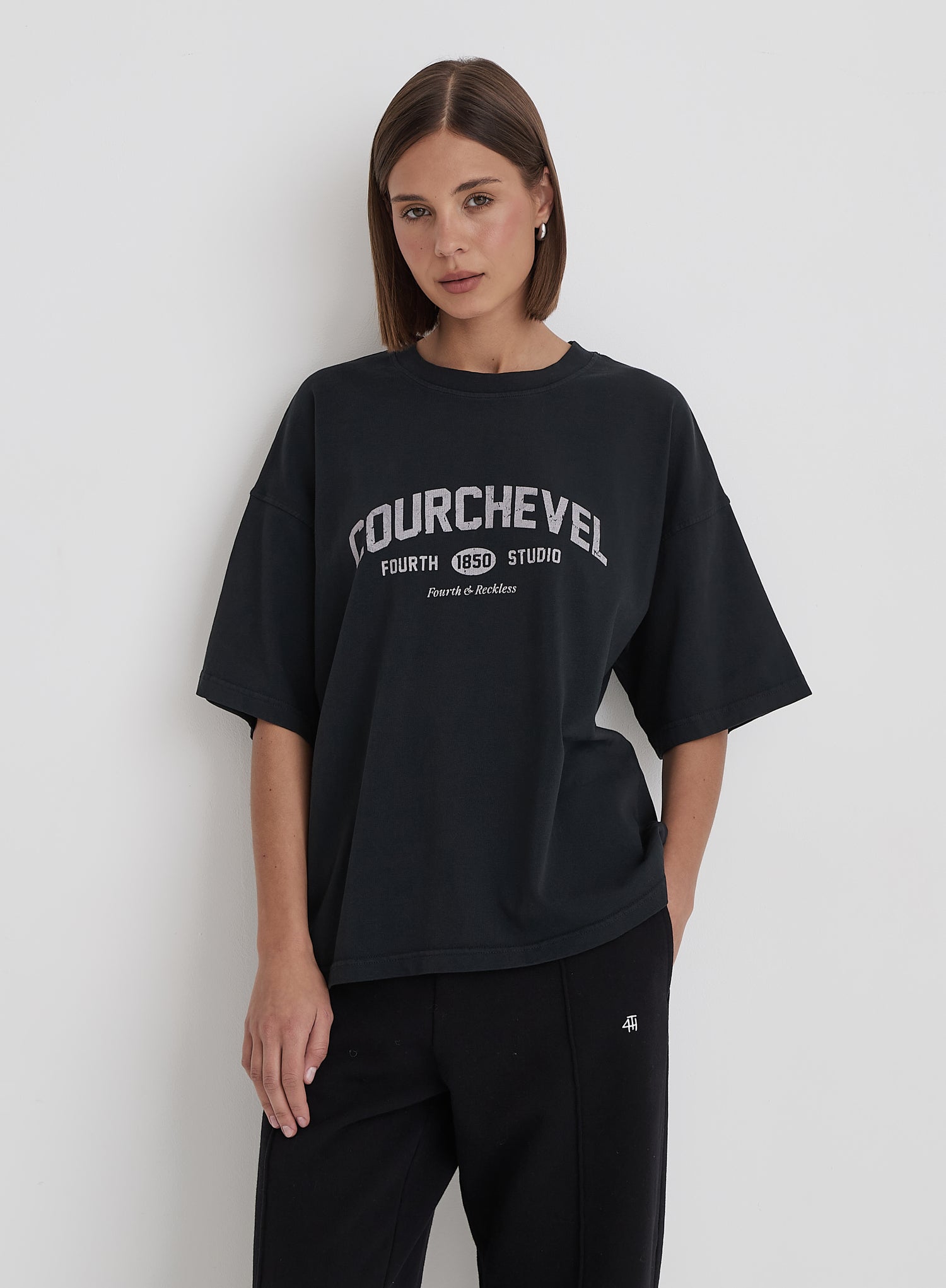 Grey Acid Wash Courchevel Slogan Print T-Shirt- Adeline