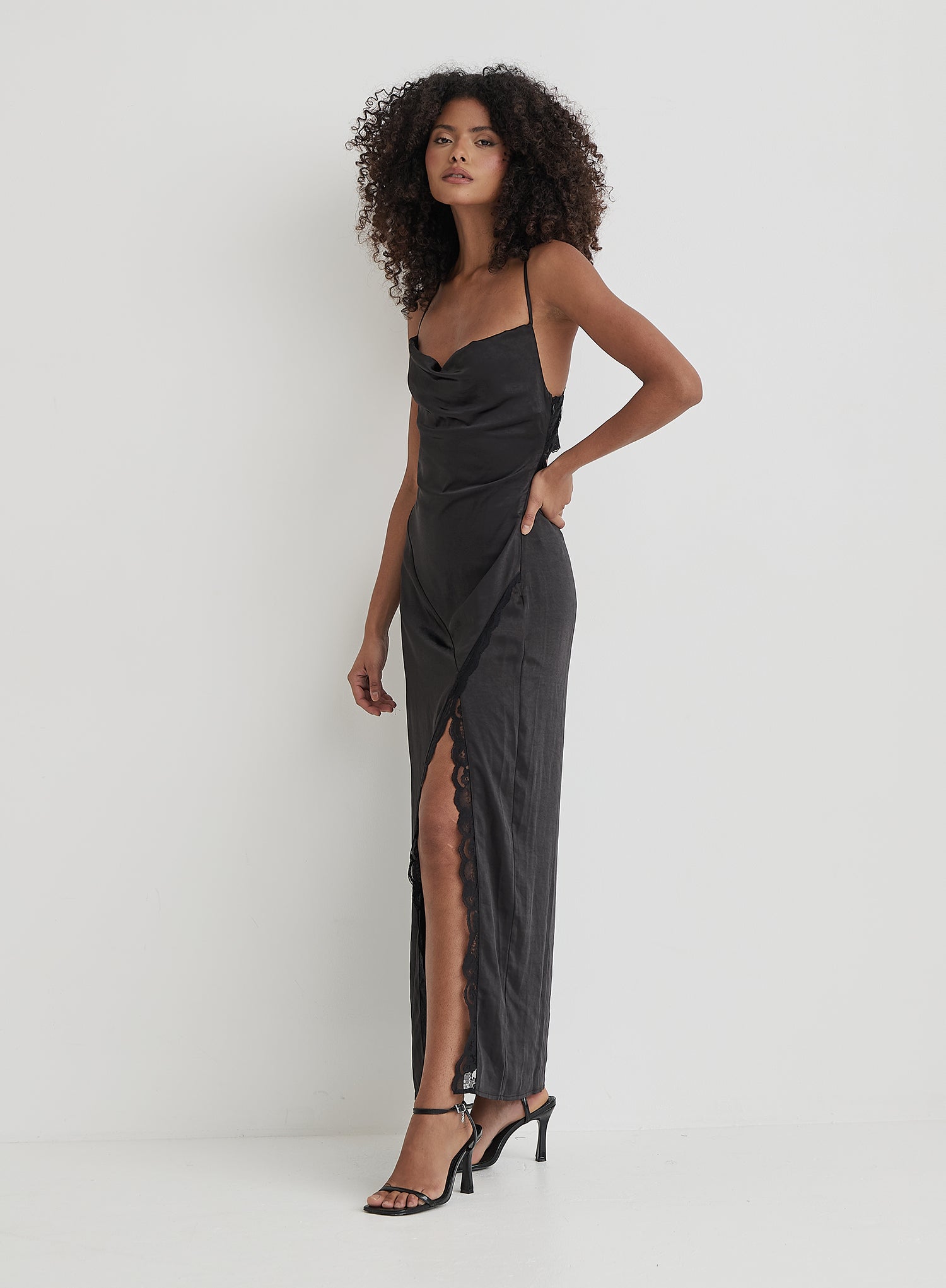 Black Satin Side Split Maxi Dress- Kacie