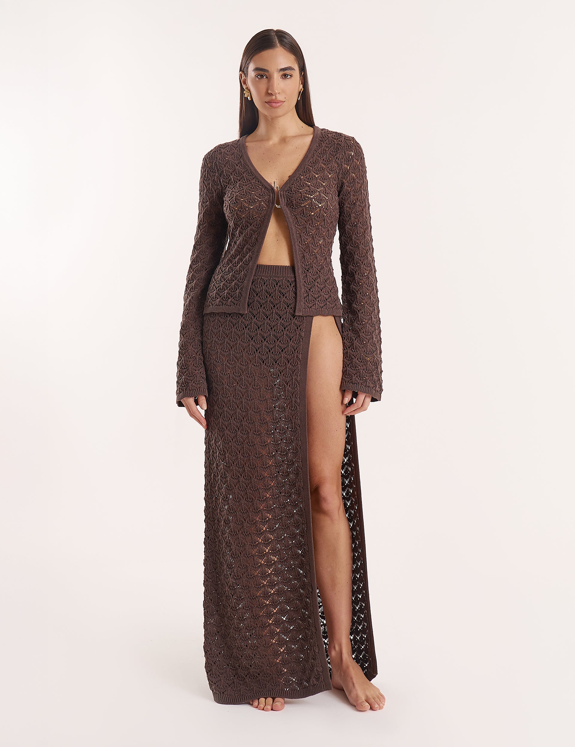 Chocolate Brown Crochet Long Sleeve Top