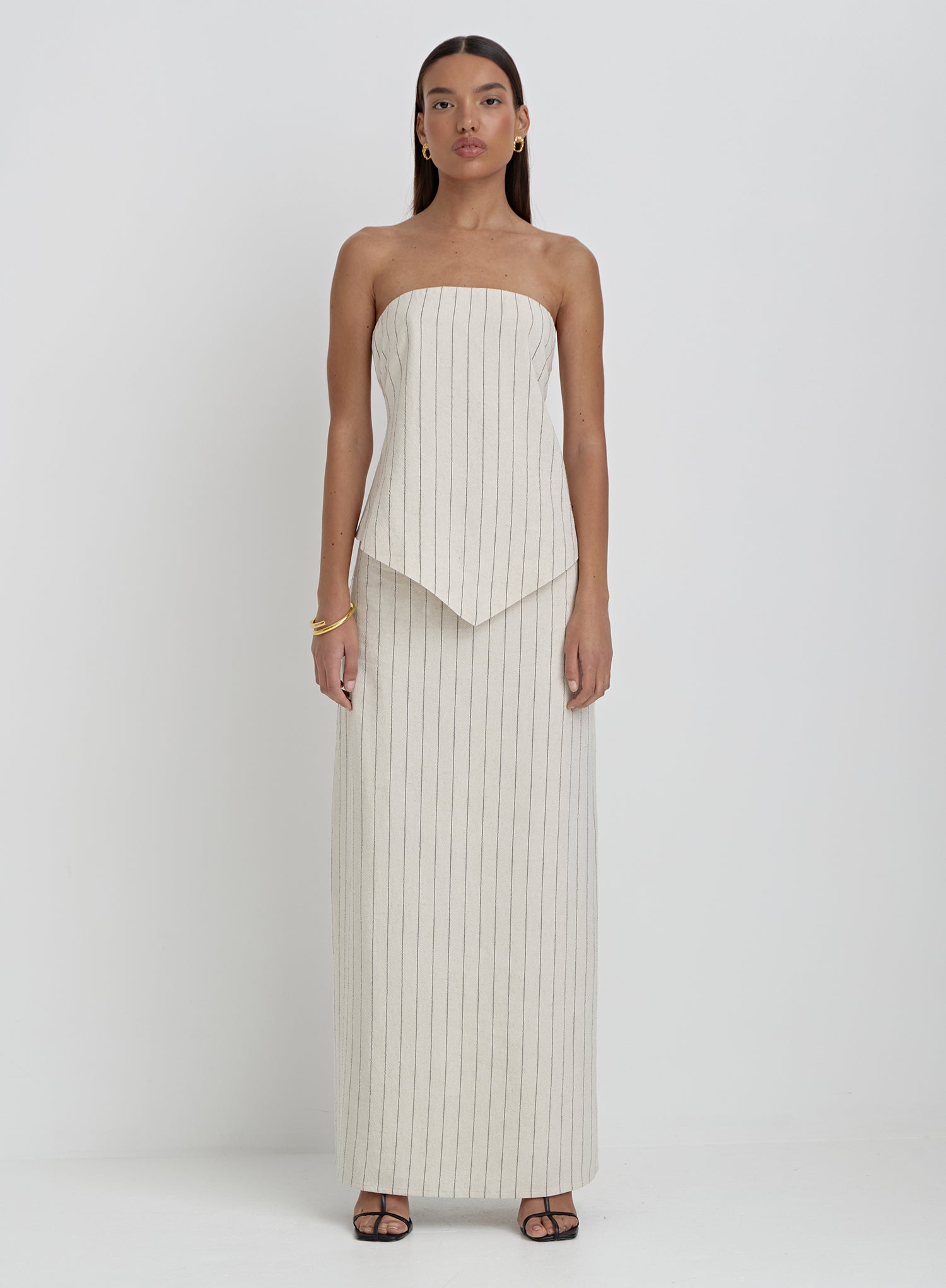 Beige Striped Linen Maxi Skirt- Alai